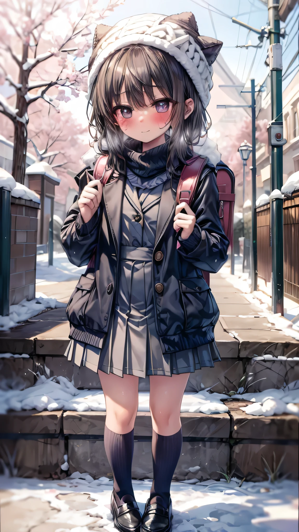 ((masterpiece, sidelighting, finely detailed beautiful eyes: 1.2)), (anatomically collect:1.3), Extremely cute, (extremely detailed beautiful face), (Authentic skin texture:1.4), (outdoor, winter, snowy landscape, park:1.2), (1 girl:1.8), (Loli:1.8), (small stature, petite body:1.8), (flat chest), (short black hair), ahoge, (duffel coat, woolen scarf, Woolly hat:1.2), (socks, loafer:1.2), (blush cheek:1.4), (shy, happy), (face focus:1.2), standing, carrying randoseru backpack, (steam)