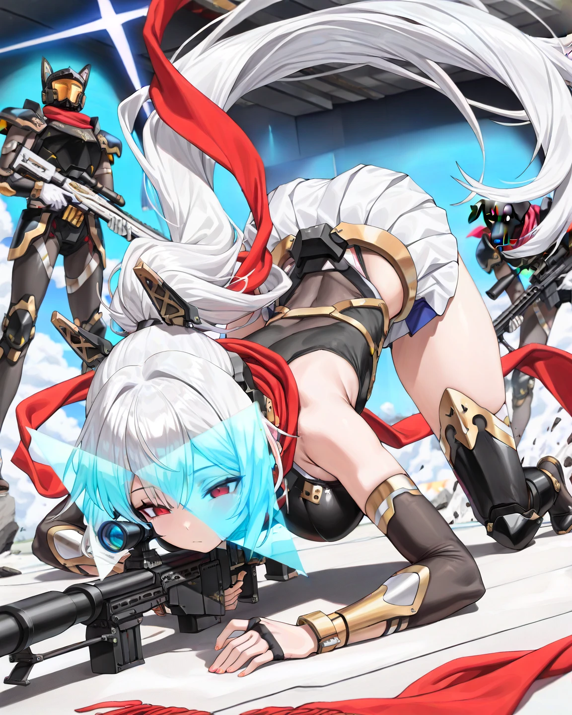 masterpiece, best quality, absurdres, modernia, 1girl, solo, red eyes, sheer long hoodie, large breasts, smile, midriff, navel, gigantic hips, hands on hips, ((from behind, focus ass)), upper body shot, (shooting pose:1.2), (submachine gun on shoulder:1.4)