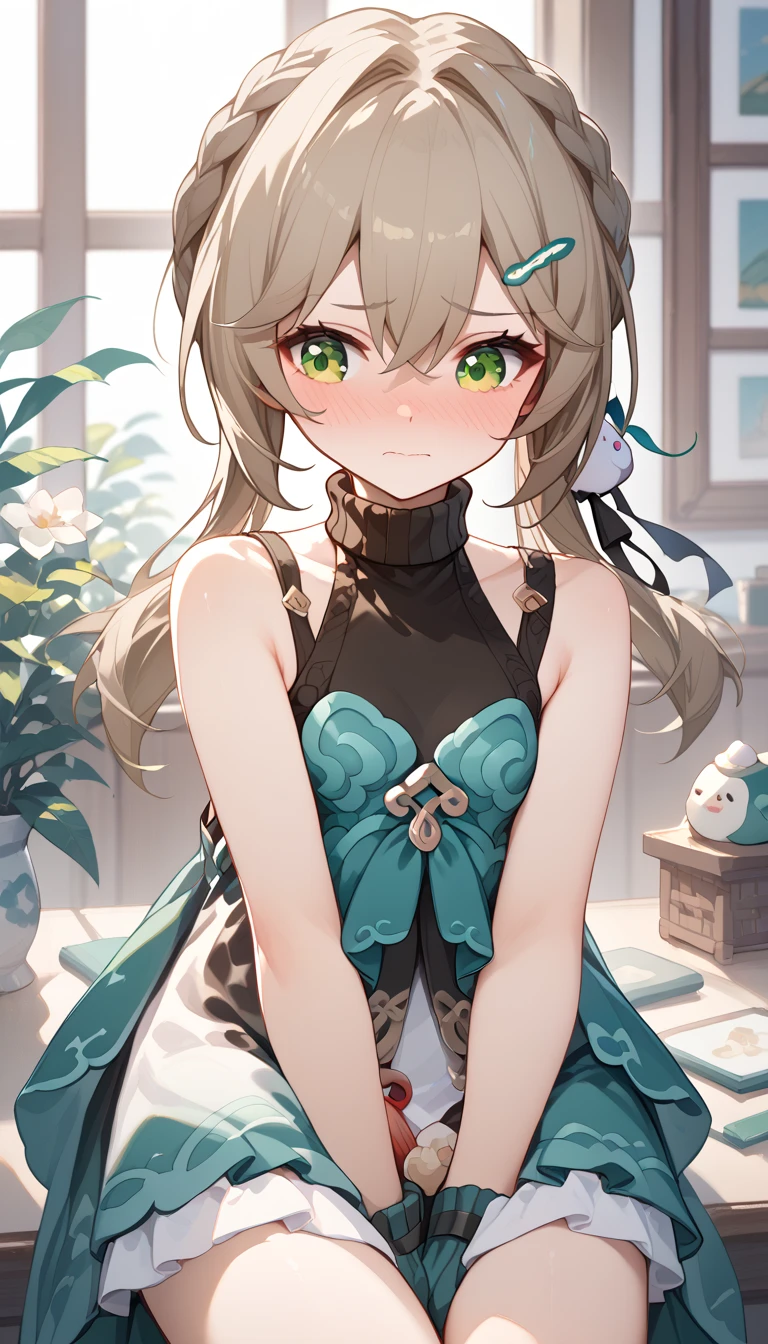 small breasts, brown hair, green eyes, braid, low twintails, hair ornament, hairpin, qingque,　Alone,  eyebrow visible from inside hair ,  hair between eyes　 top quality, very aesthetic, sleeveless turtleneck　Embarrassed　blush　 hotel 