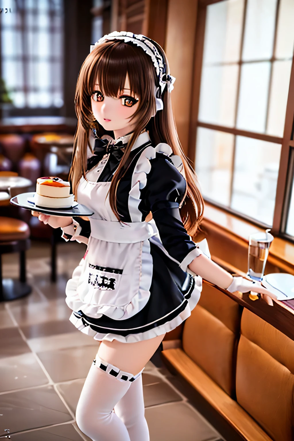 (SFW:2), photorealistic, realistic photo, 8k, Canon EOS, ((highest quality)), ((masterpiece)), (extremely detailed), dd, doll, idol dress, (mature woman, 21yo, 21 years old, solo, restaurant:1.6), (from side, walking, hold a tray, slim, skinny, slender, brown hair, long hair, bow, maid headpiece, black maid costume, maid apron, white thigh highs, parted lips, brown eyes, glass eyes, shining eyes, looking at viewer, detailed face:1.3)