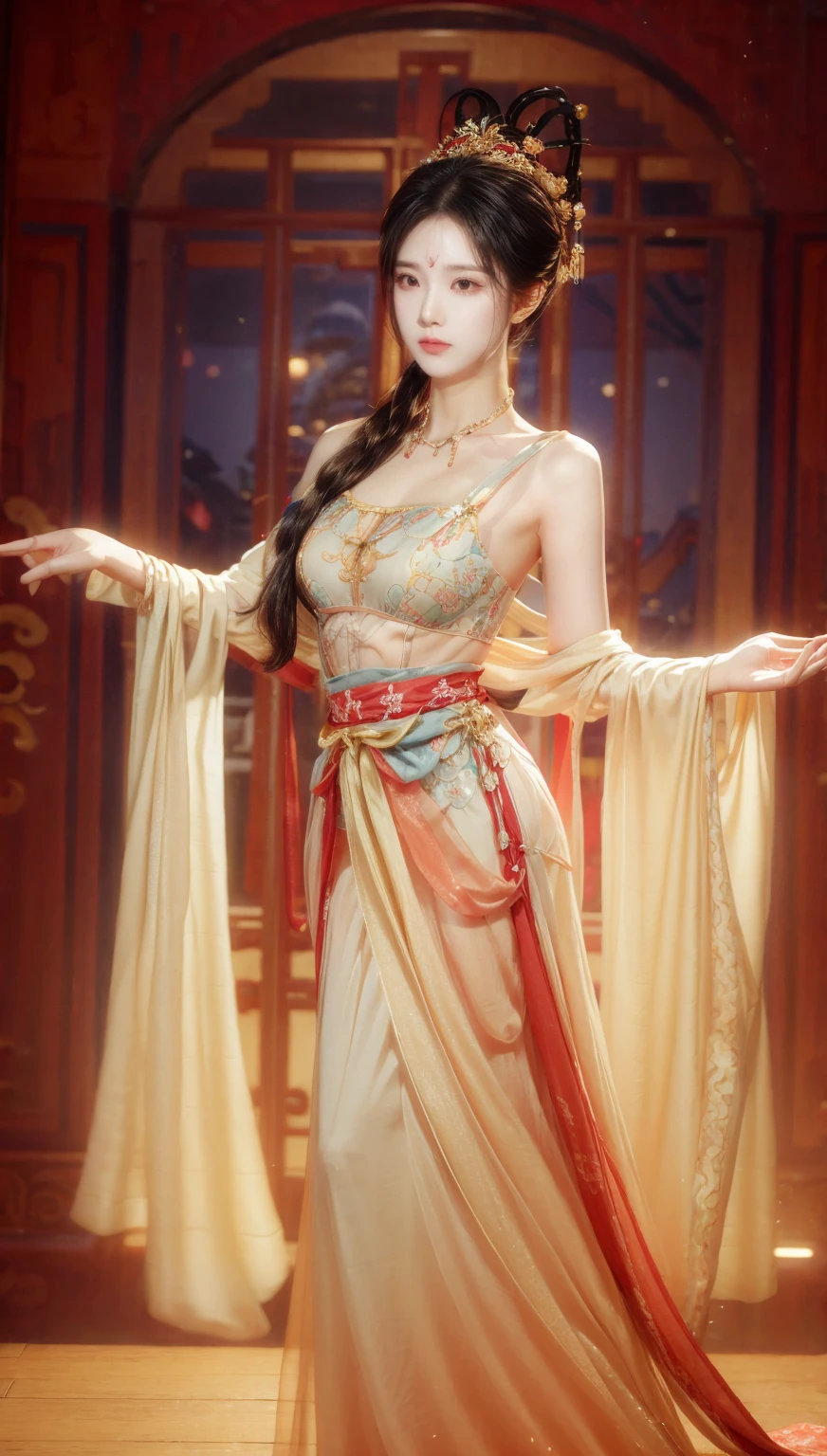 Best Quality, Ultra High Resolution, 8k, (Realistic: 1.4), 1 Girl, Princess, V-Eyebrows, Long Hair, White Hair, Veil, Over-the-Knee Socks, Red Spots on Forehead, Pale Skin, Blush, Big Eyes, Full Body, Thighs, Open Belly Polel, White Chain, White Ornaments, Flying Ribbons, Particles, Loulan Ancient City in the background, Ancient City Wall, Desert, Dance, dunhuang_dress, dunhuang_style,