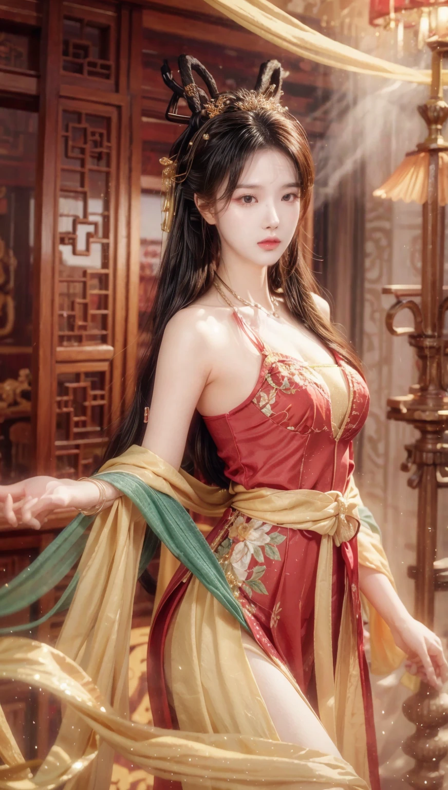 Dilraba dilmurat, highres,absurdres,masterpiece,best quality,original,extremely detailed CG,extremely detailed wallpaper,perfect lighting,long straight hair,looking at viewer,1girl,ancient castle on top of a mountain background,bare hands, long hair, blue Eyes, big breasts.
Sexy slit Red china dress,