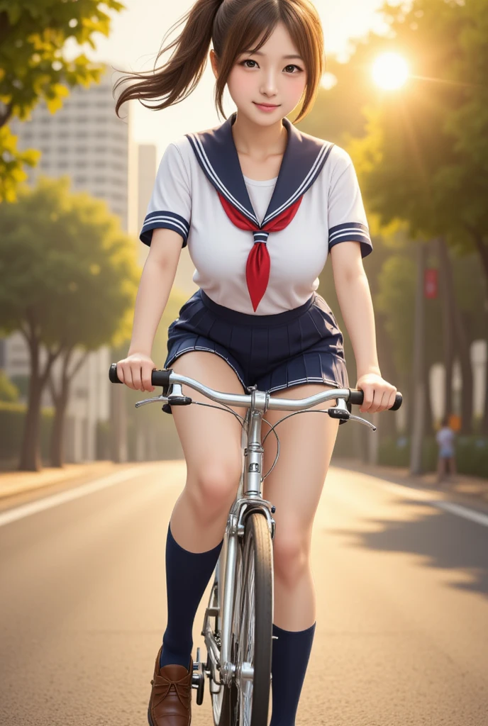 Masterpiece, 8k, Photorealistic, Wallpaper, top-quality, Beautiful Japanese High school girl, Photorealistic, (Plump breast:1.3), Dynamic angle, 
school uniform, White blouse, Neck Ribbon, Plade Pleated mini skirt, Dark Blue socks, Lofer, Ride on bicycle, From obreak below, morning, Ponytail, Sunshine,
