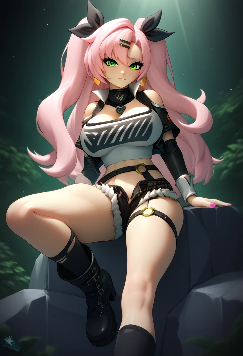 score_9, score_8_up, score_7_up,  source_Anime, Nicole Demara,  Nicole DeMara ,  green eyes,  pink hair,  hair ornament, hair ribbon,  hair clip,  long hair, two side up, ribbon,, Black shoes, black ribbon, black  shorts, black socks, black Thighsの高い靴下,  boots,  clevis on a stone,  crop top,  earrings, gem,  knee-high,  nail polish ,  necklace, O-ring, short  shorts,  shorts, シングル knee-high, シングルsocks,  single thigh high, socks,  thigh strap to hide one ear, Thighsの高い靴下,  torn clothes, two side up,  Big Breasts , Big Breasts, Thighs, 太いThighs