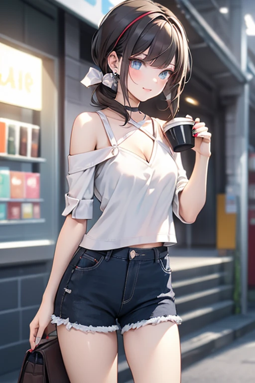 (masterpiece, Best Quality, ultra-detailed, high resolution, extremely detailed CG, official art, Professional Lighting, Perfect Anatomy, anime colors), (from below), looking at viewer, cowboy shot, perfect body, a 24yo beautiful girl, sidelocks, hairband, earrings,medium hips, glamorous body,a small face,beautiful-makeup,Makeup light,dark brown hair, Amazing Cleavage, thin waist, cute ass, Raised sexy, small breast: 1.2 posed cleavage:1.2, (off shoulders,Denimbra,legginullnude), micro denim shorts, bare legs, nail_polish, pale skin, Waiting friend, (morning:1.5), tokyo, (convenience store:1.3), outdoor, (depth of field:1.3), contrapposto, (Hold a coffee in your hand:1.3),delicate beautiful face, Bright blue eyes, cute eyes, sparkling eyes, Big eyes, (perky chest:1.1), (pointed chest:1.3), looking at viewer,
