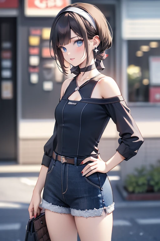 (masterpiece, Best Quality, ultra-detailed, high resolution, extremely detailed CG, official art, Professional Lighting, Perfect Anatomy, anime colors), (from below), looking at viewer, cowboy shot, perfect body, a 24yo beautiful girl, sidelocks, hairband, earrings,medium hips, glamorous body,a small face,beautiful-makeup,Makeup light,dark brown hair, Amazing Cleavage, thin waist, cute ass, Raised sexy, small breast: 1.2 posed cleavage:1.2, (off shoulders,Denimbra,legginullnude), micro denim shorts, bare legs, nail_polish, pale skin, Waiting friend, (morning:1.5), tokyo, (convenience store:1.3), outdoor, (depth of field:1.3), contrapposto, (Hold a coffee in your hand:1.3),delicate beautiful face, Bright blue eyes, cute eyes, sparkling eyes, Big eyes, (perky chest:1.1), (pointed chest:1.3), looking at viewer,
