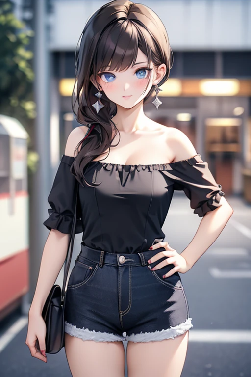 (masterpiece, Best Quality, ultra-detailed, high resolution, extremely detailed CG, official art, Professional Lighting, Perfect Anatomy, anime colors), (from below), looking at viewer, cowboy shot, perfect body, a 24yo beautiful girl, sidelocks, hairband, earrings,medium hips, glamorous body,a small face,beautiful-makeup,Makeup light,dark brown hair, Amazing Cleavage, thin waist, cute ass, Raised sexy, small breast: 1.2 posed cleavage:1.2, (off shoulders,Denimbra,legginullnude), micro denim shorts, bare legs, nail_polish, pale skin, Waiting friend, (morning:1.5), tokyo, (convenience store:1.3), outdoor, (depth of field:1.3), contrapposto, (Hold a coffee in your hand:1.3),delicate beautiful face, Bright blue eyes, cute eyes, sparkling eyes, Big eyes, (perky chest:1.1), (pointed chest:1.3), looking at viewer,
