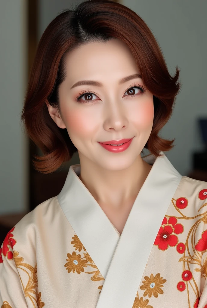 Mature Woman, ( detailed description of hair ), (Detailed description of the face), (Detailed description of the body), high definition , masterpiece,  top quality,  high detail, formal: 1.4), ( realistic : 1.2, 超 realistic な: 1.1,  realistic: 1.37), ( Sharp Focus : 1.4),  is written by,  physical based rendering,  wavy hair , ,  unrivaled beauty , (Ultimate beauty), (lipstick:1.1), ( eyeliner :1.2), ( mascara), ( Eye Shadow ), (48 years old,: 1.4), Japanese、 close-up 、 fine lines of laughter :1.2、seductive smile, kimono