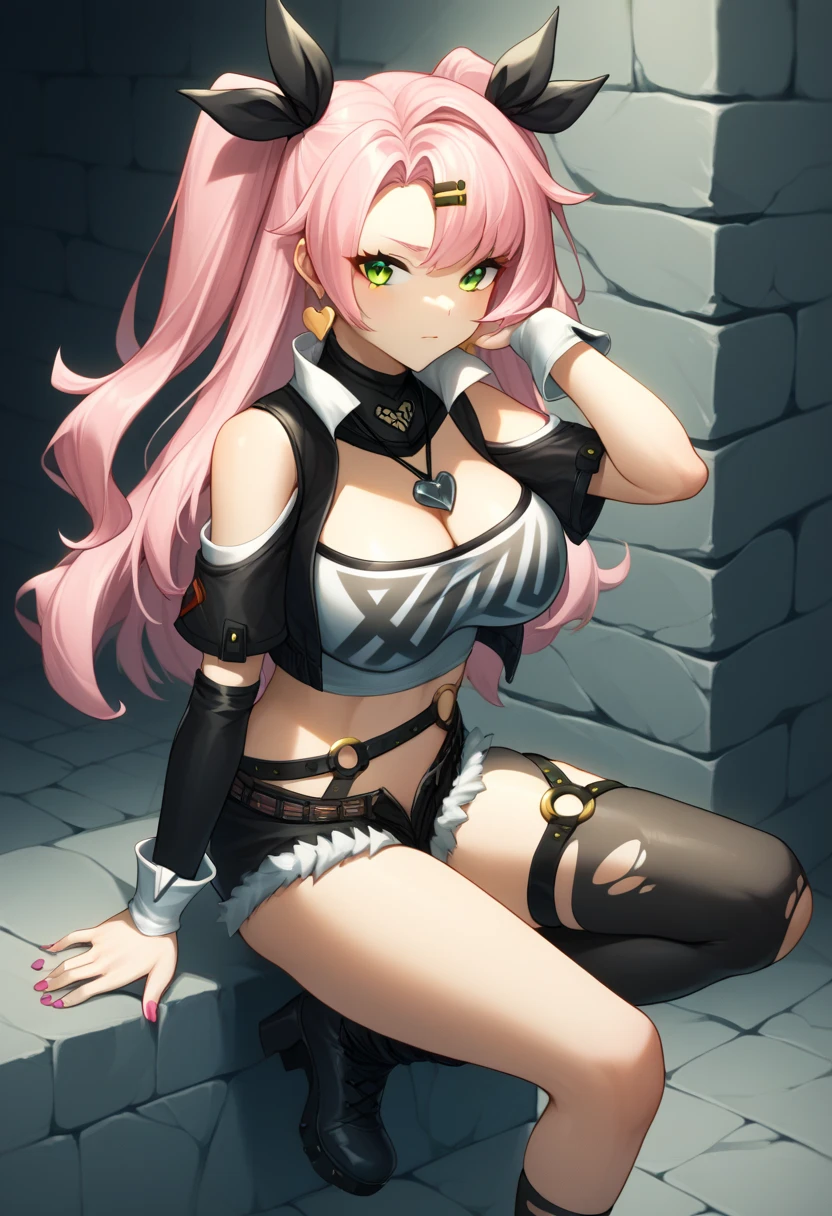 score_9, score_8_up, score_7_up,  source_Anime, Nicole Demara,  Nicole DeMara ,  green eyes,  pink hair,  hair ornament, hair ribbon,  hair clip,  long hair, two side up, ribbon,, Black shoes, black ribbon, black  shorts, black socks, black Thighsの高い靴下,  boots,  clevis on a stone,  crop top,  earrings, gem,  knee-high,  nail polish ,  necklace, O-ring, short  shorts,  shorts, シングル knee-high, シングルsocks,  single thigh high, socks,  thigh strap to hide one ear, Thighsの高い靴下,  torn clothes, two side up,  Big Breasts , Big Breasts, Thighs, 太いThighs