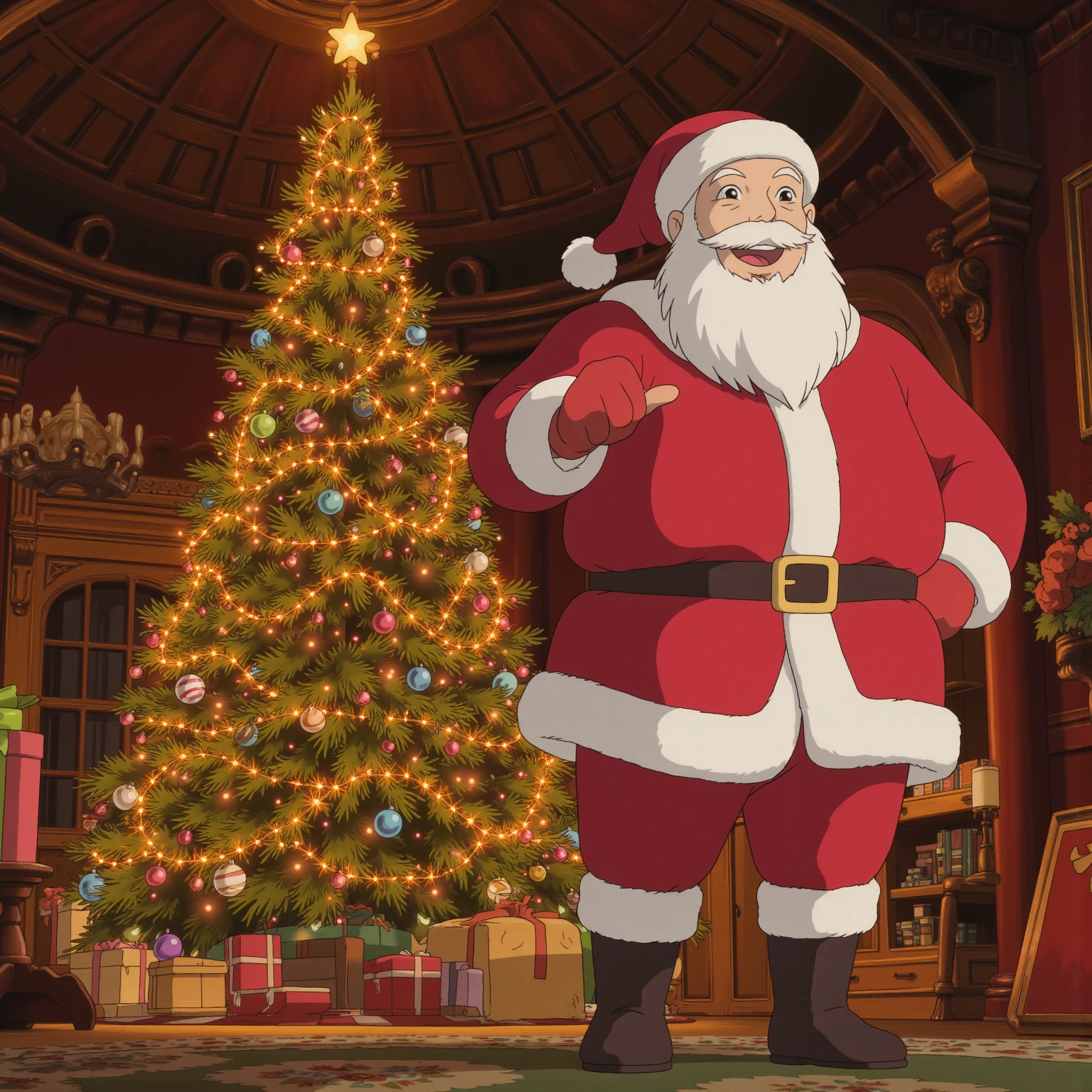 （masterpiece、 High Quality 、 high image quality、4K、8k、 Details）、Christmas tree and man in Santa costume、 warm atmosphere 