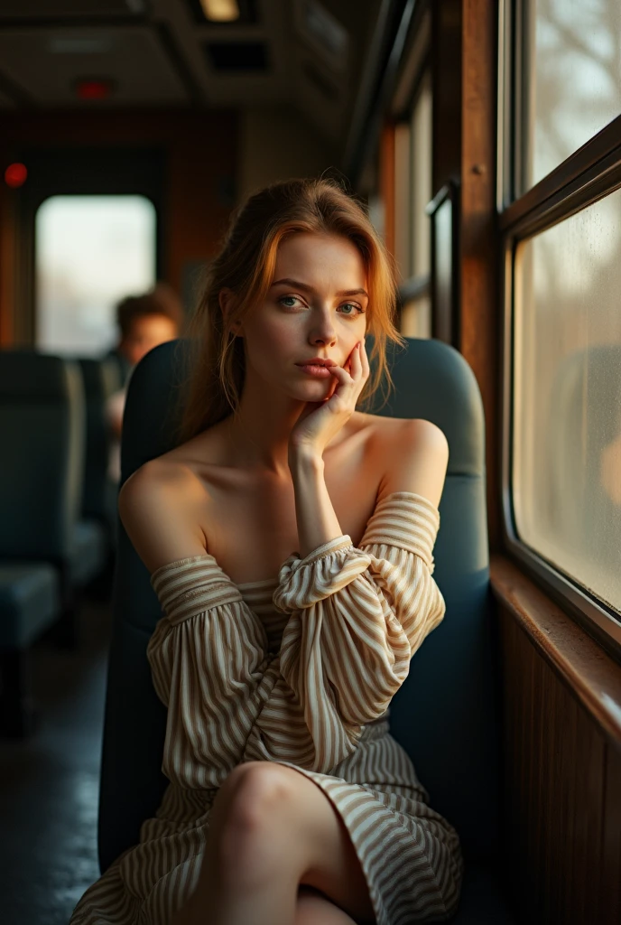 (Best quality, Ultra detailed, Golden ratio, Masterpiece:1.2), Theatrical lighting:0.7, Photo of a woman, dressed in a very elegant and pretty dress, Perfect rare face, (Highly detailed skin), ealy red hair, Hide your mouth with your hands、Ridicule, skin texture, Pale skin, shiny skin, (thin, large size:1.2), [:(Sharp focus on rare face, perfect eyes:1.2):0.2], photorealistic, film grain, Put one foot forward、from below looking up、look at camera、Emphasize the shoulders, Focus on face、Stockings、Smile with corners of mouth raised、disdainful expression, summer haze, muted colors, muted warm colors, Photo cinematic portrait of a woman dressed in a striped dress sitting by the window in the early morning, cinematic, (tilted:1.3) (on an old train) look cautious, standing under a spotlight, volumetric dust clouds, key light, backlight, soft natural lighting, photography Film grain ISO 400 30 mm lens RAW f1.8 aperture, highly detailed (analog photography:1), colors hdr