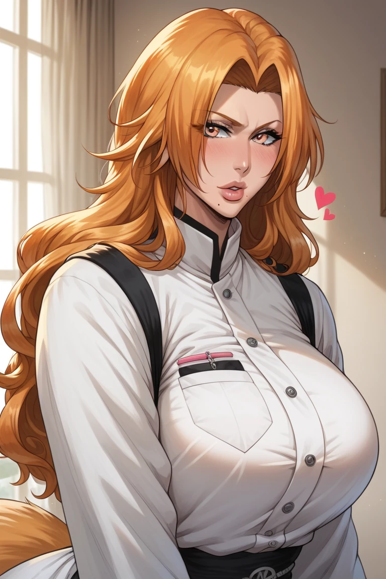 rating_explicit heat body, tall, milf, rangiku matsumoto, long hair, grey eyes, orange hair, mole, mole under mouth, parted bangs,, white monk uniform, long sleeves, detailed eyes, heart shaped lips, fox tail. senos enormes, bottomheavy, gigantic ass, massive thighs,(obra maestra, altamente detallado, la mejor calidad, 8k),