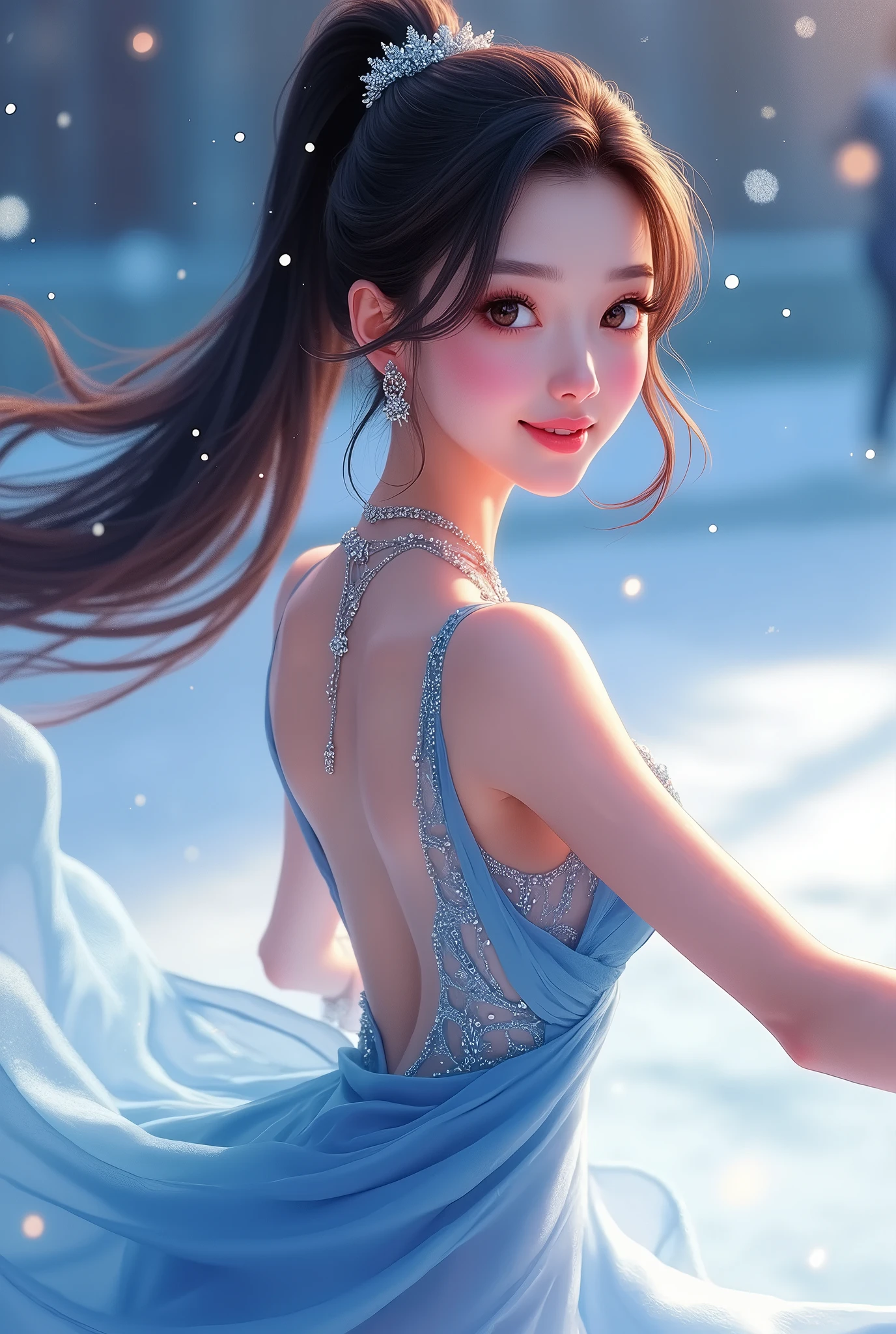  one woman,  ponytail,  beautiful eyes, Beautiful Hair, Beautiful, textured skin,  beautiful face,  looks like Yoon Seon-ah,  Masina Emoji, Best Style, Dancing on ice , ("  figure skater"), Beautiful dress,  earrings,  necklace,  hair ornament, The hairstyle with up hair ,  is written by, (Ice dancing ), (dynamic:1.3), (( Upper Body Up  )), ( dynamic dance), ( beautiful eyes), (  hair is fluttering in the wind:1.0), (Beautiful dress:1.5), ( light up), (smile:1.2),  top quality,  high definition , 8K High Resolution,  detailed anime art , 