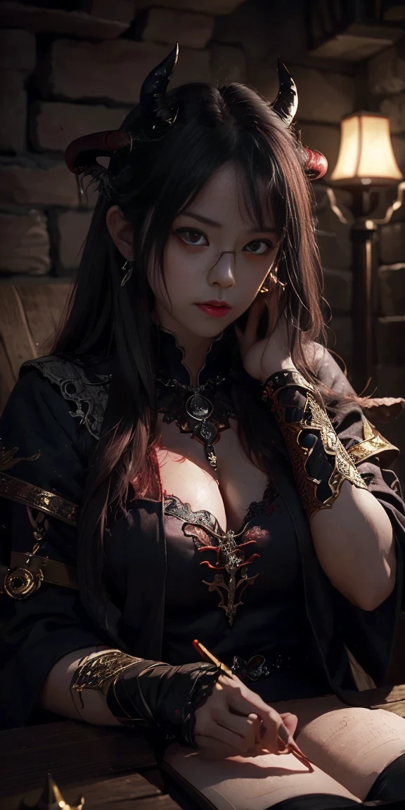 、( best illustration)、8K UHD resolution、 Intricate Details、最 High Quality 、 realistic 、 ultra-detailed、Best lighting、Best Shadow、 soft lighting 、UltraHD、 dungeons  and Dragon、cave、 dungeons 、  necromancer、night、Dark style、 succubus 、Devil&#39;s Daughter、Bat Wings，((( Devil's Horn-rimmed Round Glasses ))))、(((Colossal )))、(devil's tail)、(Red Eyes Shining :1.6)、​masterpiece、 beautiful face、 tyndall effect 、photograph  realistic 、( high detail skin :1.2)、8 hours、 DSLR 、 High Quality 、photograph、 high definition 、  absurd 、 ponytail distortion 、 optimal ratio of 4 fingers to 1 thumb、 1 girl、 Hair Tournament 、赤い輝くgemのネックレス、gem、 beautiful expression 、Body Up、big breasts attention、 tight waist、Wide ass、 tyndall effect 、 photorealistic、( high detail skin :1.2)