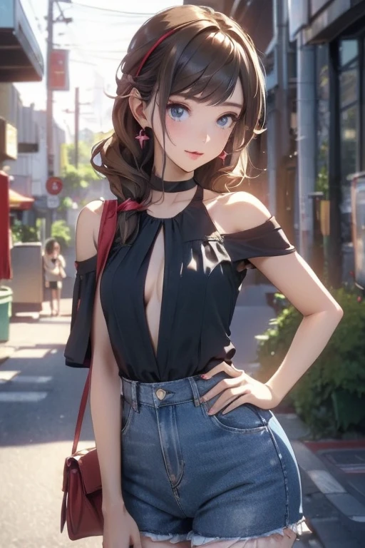 (masterpiece, Best Quality, ultra-detailed, high resolution, extremely detailed CG, official art, Professional Lighting, Perfect Anatomy, anime colors), (from below), looking at viewer, cowboy shot, perfect body, a 24yo beautiful girl, sidelocks, hairband, earrings,medium hips, glamorous body,a small face,beautiful-makeup,Makeup light,dark brown hair, Amazing Cleavage, thin waist, cute ass, Raised sexy, small breast: 1.2 posed cleavage:1.2, (off shoulders,Denimbra,legginullnude), micro denim shorts, bare legs, nail_polish, pale skin, Waiting friend, (morning:1.5), tokyo, (convenience store:1.3), outdoor, (depth of field:1.3), contrapposto, (Hold a coffee in your hand:1.3),delicate beautiful face, Bright blue eyes, cute eyes, sparkling eyes, Big eyes, (perky chest:1.1), (pointed chest:1.3), looking at viewer,
