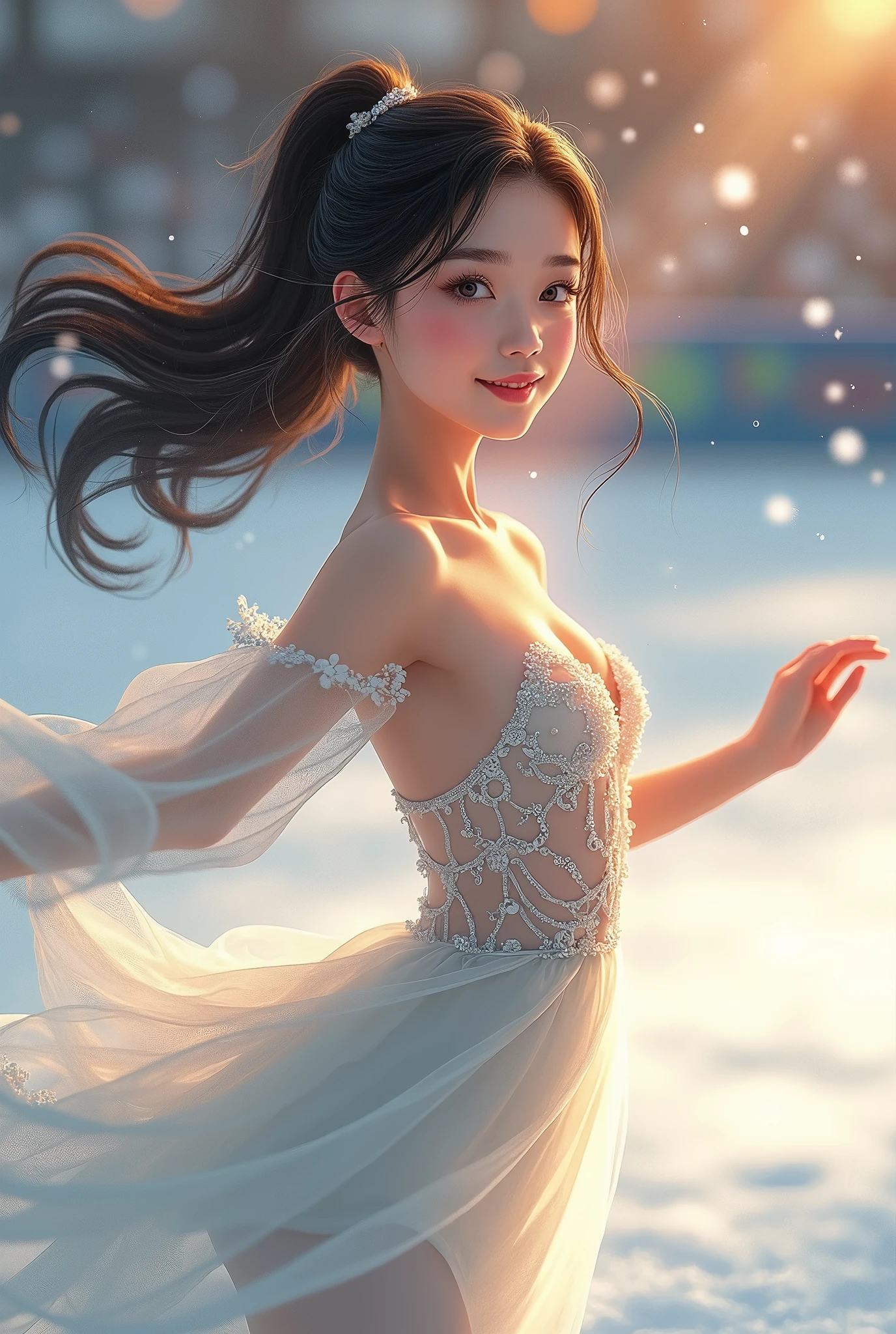  one woman,  ponytail,  beautiful eyes, Beautiful Hair, Beautiful, textured skin,  beautiful face, Look like Yoon Sun-ha,  Masina Emoji, whole body, Best Style, Dancing on ice , ("  figure skater"), Beautiful dress,  is written by, (Ice dancing ), (dynamic:1.3), (  Upper Body Up  ), ( dynamic dance), ( beautiful eyes), (  hair is fluttering in the wind:1.0), (Beautiful dress:1.5), ( light up), (smile:1.3),  top quality,  high definition , 8K High Resolution,  detailed anime art , 