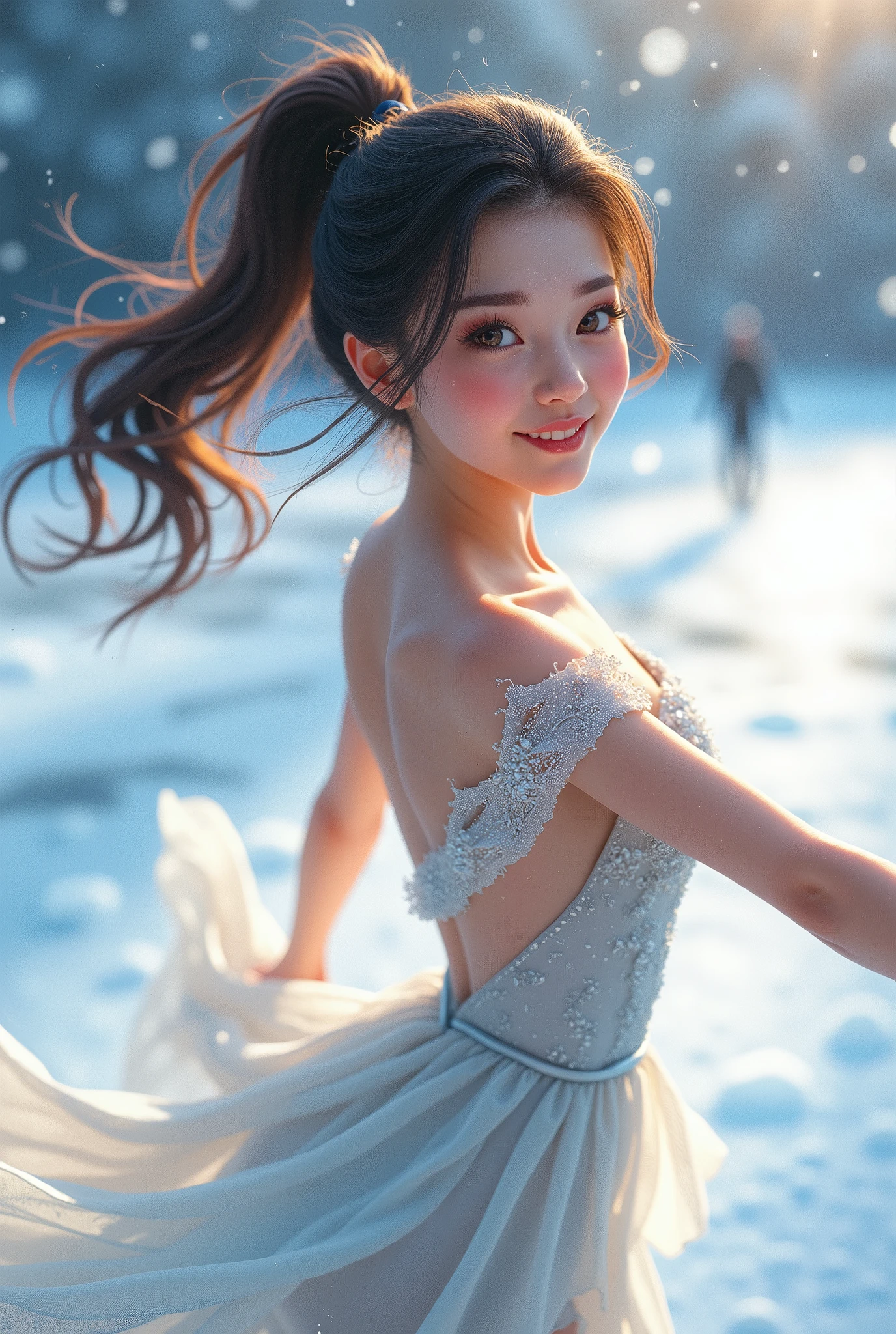  one woman,  ponytail,  beautiful eyes, Beautiful Hair, Beautiful, textured skin,  beautiful face,  Masina Emoji, whole body, Dancing on ice , ("  figure skater"), Beautiful dress,  is written by, (Ice dancing ), (dynamic:1.3), (  Upper Body Up  ), ( dynamic dance), ( beautiful eyes), (  hair is fluttering in the wind:1.0), (Beautiful dress:1.5), ( light up), (smile:1.3),  top quality,  high definition , 8K High Resolution,  detailed anime art , 