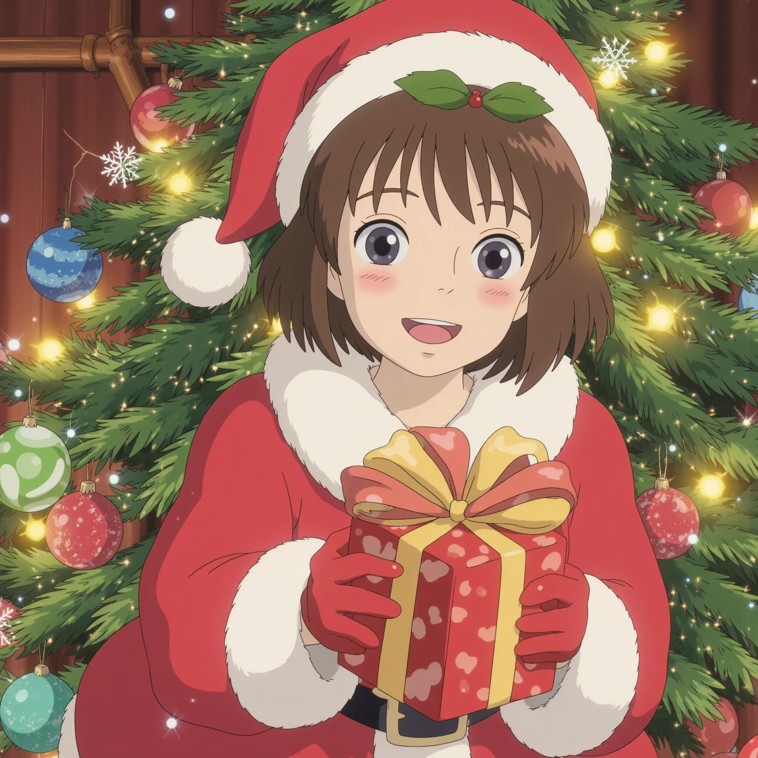 （masterpiece、 High Quality 、 high image quality、4K、8k、 Details）、 cute Santa girl holding a Christmas present、The background is a glittering Christmas tree 、