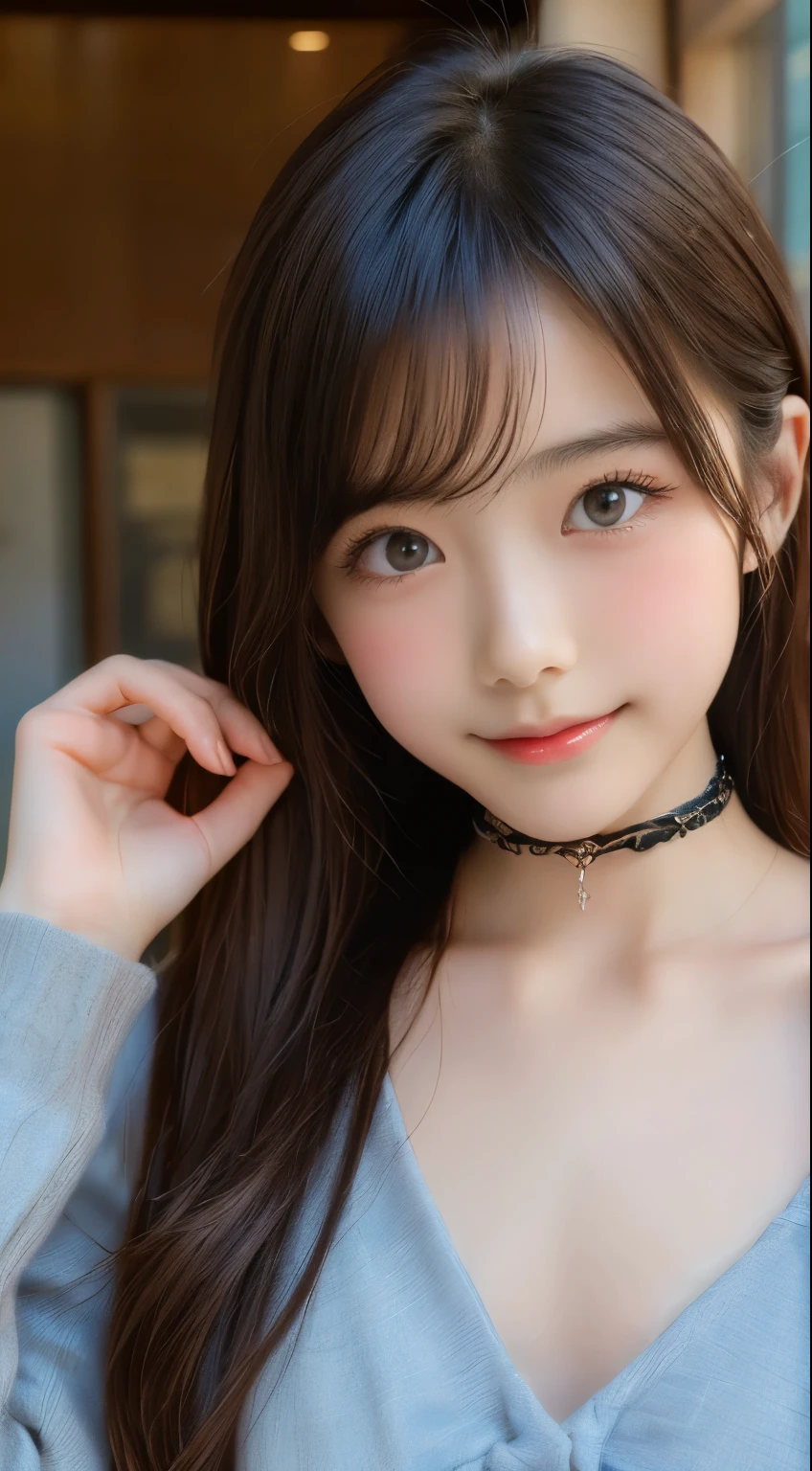 masutepiece, Best Quality, Illustration, Ultra-detailed, finely detail, hight resolution, 8K Wallpaper, Perfect dynamic composition, Beautiful detailed eyes, Dress with open chest,choker with chain,Hair is tied up, small , Natural Color Lip, Random and sexy poses,Tokyo Station、20 years girl、Smile