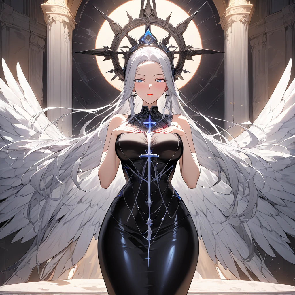 score_9, score_8_up, masterpiece, best quality, 8k uhd, (waist-length silver hair with bangs:1.4), (blue-silver eyes:1.3), (red lips:1.2), (blushing face:1.3), (black holy maiden outfit:1.4), (form-fitting black dress:1.3), (medium breasts:1.2), (wide hips:1.3), (prayer pose with clasped hands:1.3), (cross earrings:1.2), (cross necklace:1.2), full body shot, (massive goddess statue with four white wings:1.4), divine lighting, intricate details