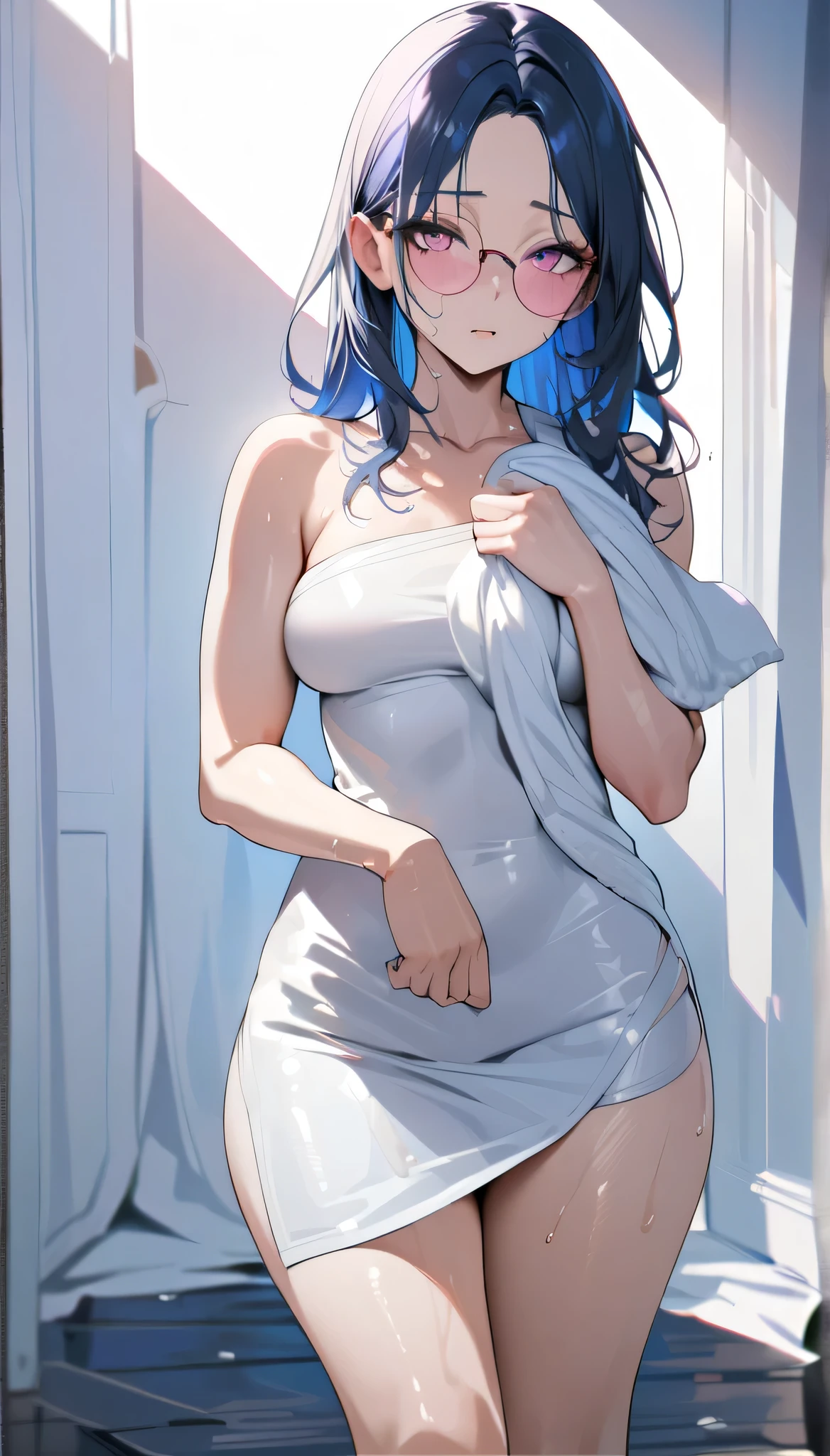 (Masterpiece), Best Quality, ultra-detailed, perfect hands, Delicate eye expression, 1girl (rinko_iori, Sexy, Slender and sexy body, large and pretty breasts, naked body, Gray-haired hair, long hair, blue eyes (empty eye)),solo,closed mouth, nude,dark skin, see-through nightgown, undressing,Beach, standing, provocative pose, evil look,wicked smile, Sexy waist teasing, back-view