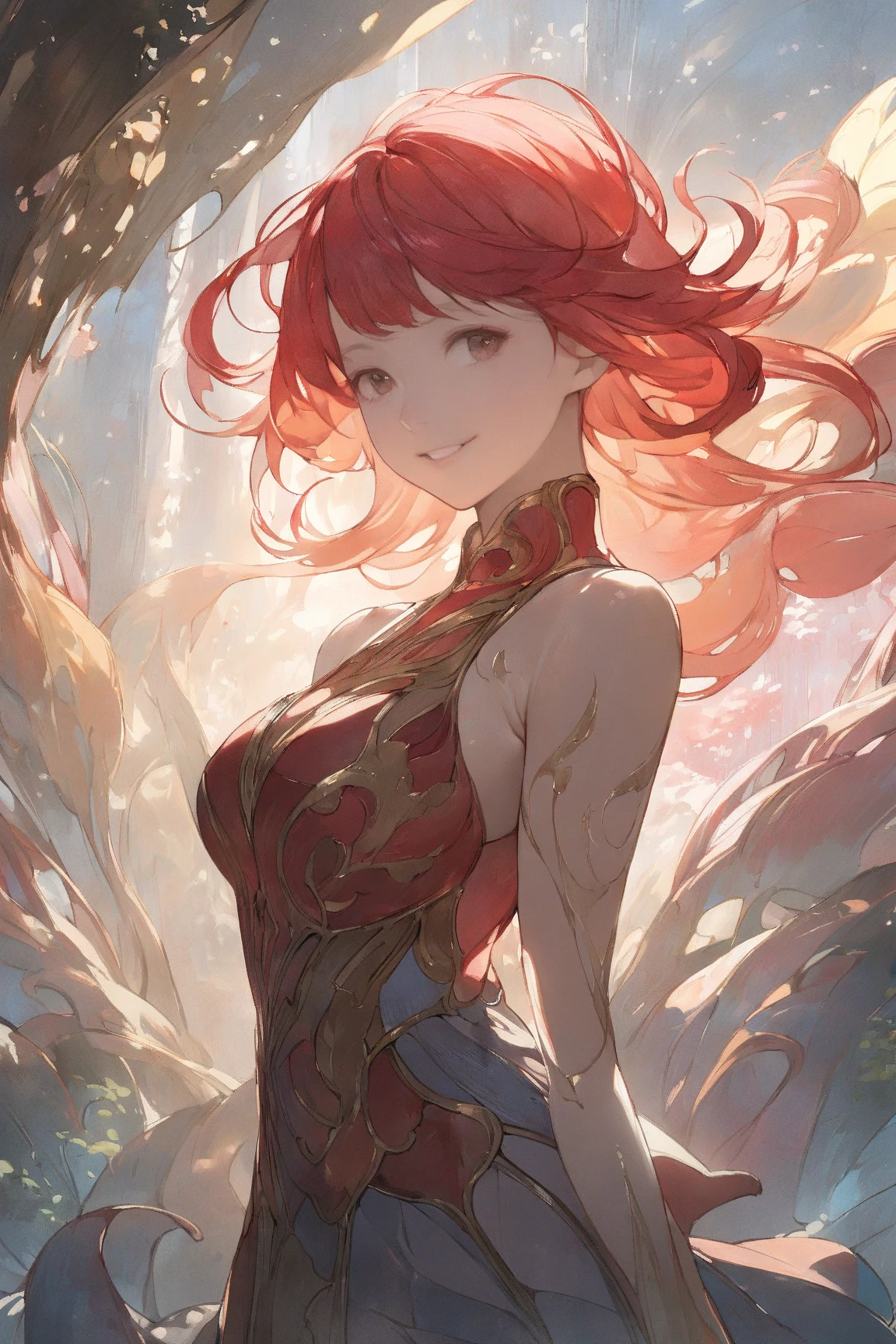 A young, cheerful woman with short, vibrant red hair, large bust, wearing form-fitting fantasy-inspired leather armor that suggests agility and freedom of movement, smiling confidently, standing in a lush, sunlit forest with soft rays of light filtering gently through dense foliage, Japanese animation tone, acrylic watercolor painting style, hyper-detailed facial features, intricate linework, vibrant pastel color palette, subtle shading, delicate brushstrokes, exquisite textures, hand-painted feel, ultra-sharp focus, 8k UHD, extremely realistic lighting, cinematic framing, atmospheric depth, polished and refined composition, professional illustration quality, masterpiece-level detailing, no unwanted artifacts, perfect anatomy and proportions, slightly dynamic pose, visually striking contrast, aesthetically pleasing balance, impeccable rendering of materials, natural skin tones, subdued background elements that enhance subject focus, premium-grade illustration, vibrant yet harmonious hues, hint of gentle breeze indicated by slight movement in her hair, graceful and confident demeanor