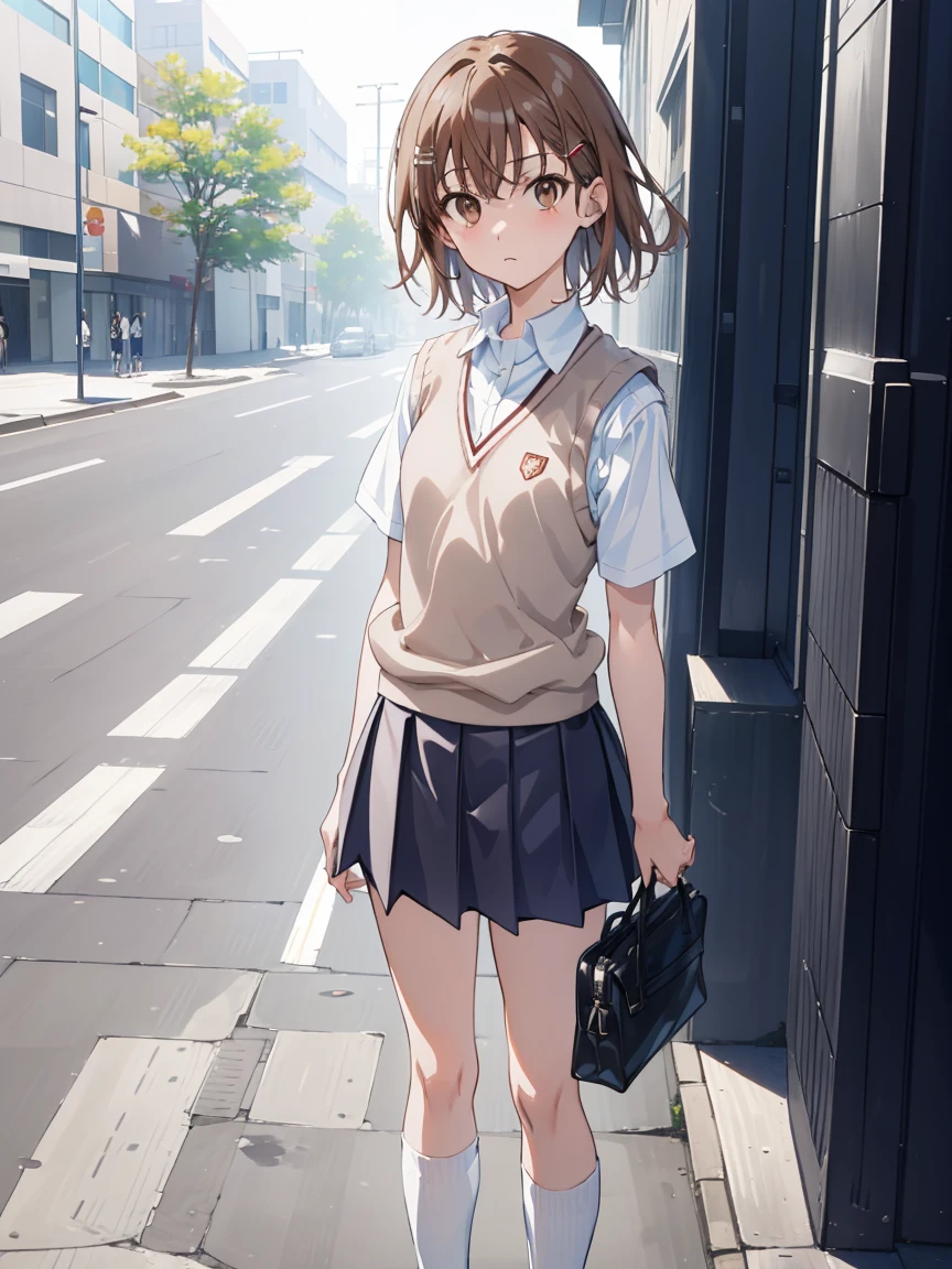  masterpiece, top quality, superior_Mikoto,Alone,  brown eyes,  short_hair,  small_chest,  Staring at viewers　Student uniforms, Tokiwadai _School_uniform,  white shirt,  sweater vest,  grey miniskirt, ,   white loose socks  , shoes,  standing with different breasts 、