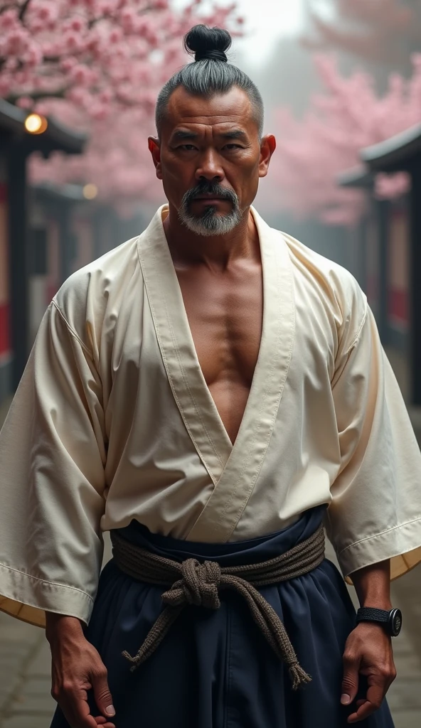 (male people),60 years old,Samurai clothes,Strong build,(in a kimono),The reveal panties,In old Japanese houses,On tatami,large bulge,The crotch faces the camera,The camera is focused on the crotch,High fidelity,Sexy action,Hands touching the crotch,Sexy action,Wear socks,well-illuminated,Warm lighting