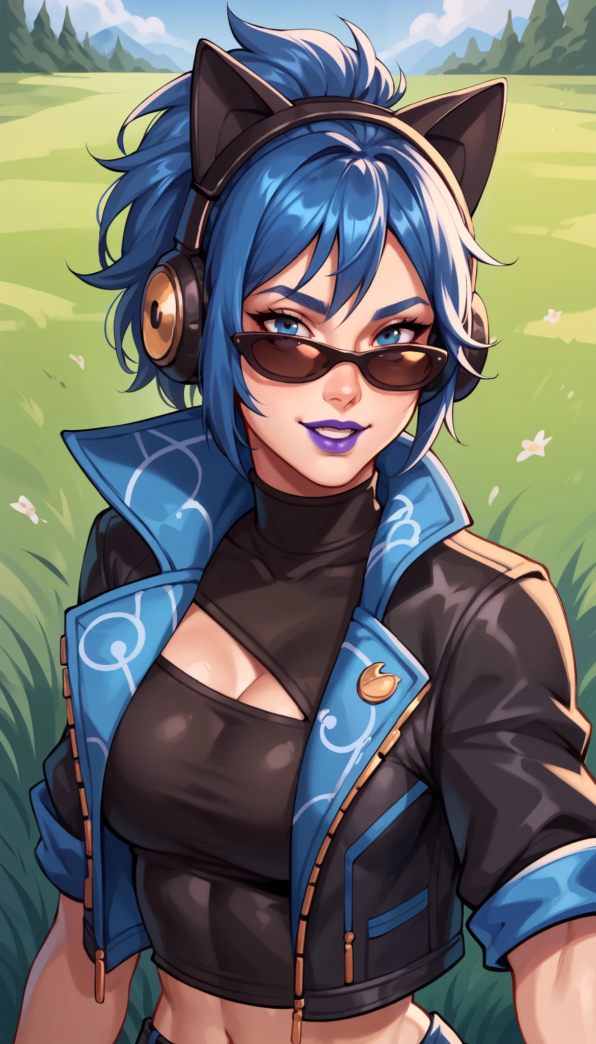 BREAK,  FNHeroHop, blue hair, cat ear headphones, blue eyes, purple lips, open collared jacket, clothing cutout,  short sleeves, black turtleneck, midriff, fingerless gloves,  sunglasses, grass, seductive smile, looking at viewer,  breasts, 1 girl, solo, upper body, open mouth