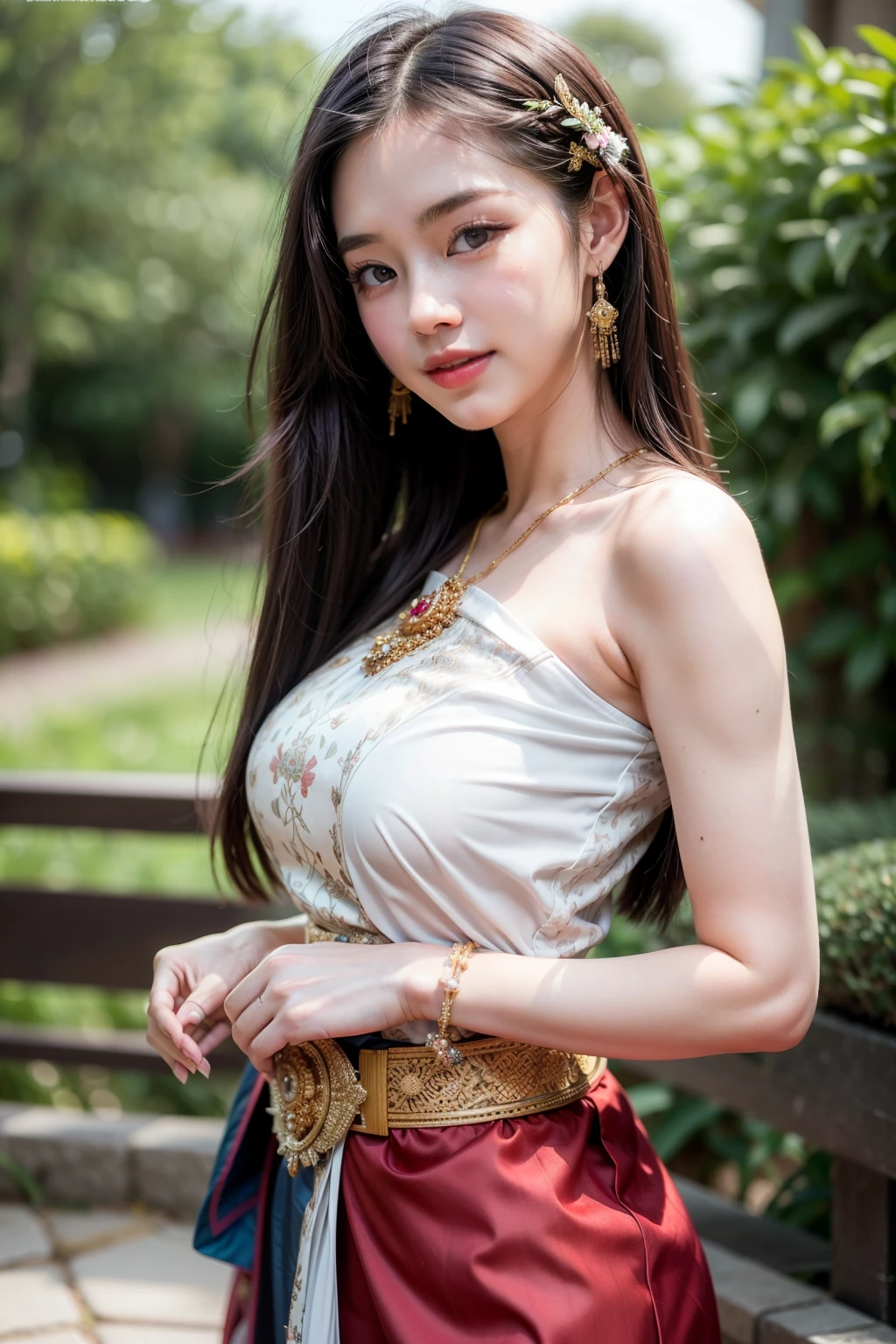 8K, ultra high detailed, an thai girl, cute face, happy, very long hair, impressive hairstyle, detailed eyes, detailed lips, thai clothes,red dress, lace, wearing jewellery, nature background, flowers, afternoon, shadow, clear weather, whole body capture, full size body, smile