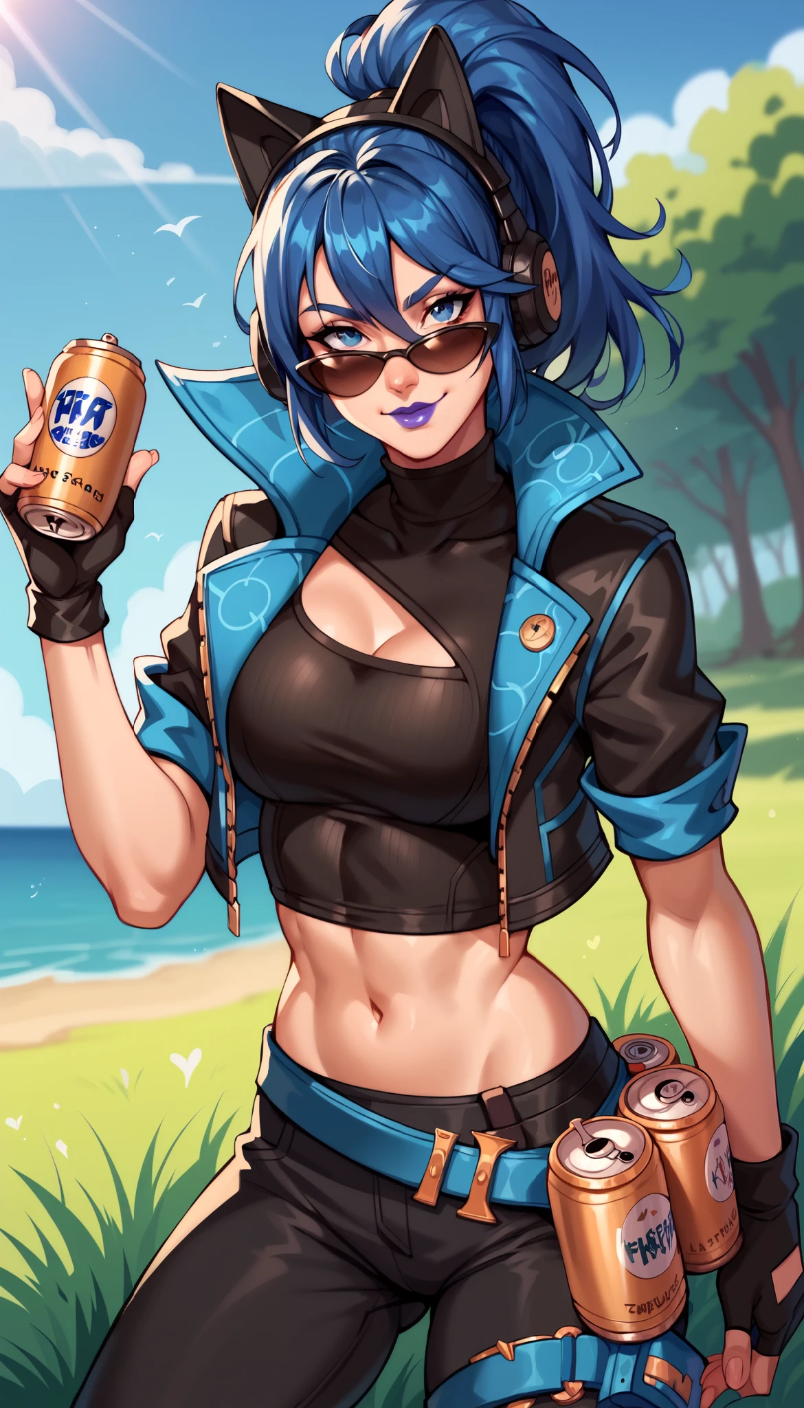 BREAK,  FNHeroHop, blue hair, cat ear headphones, ponytail, blue eyes, purple lips, sunglasses, open collared jacket, clothing cutout, short sleeves, black turtleneck, midriff, fingerless gloves, utility belt, spray can, grass, seductive smile, looking at viewer,  breasts, 1 girl, solo,