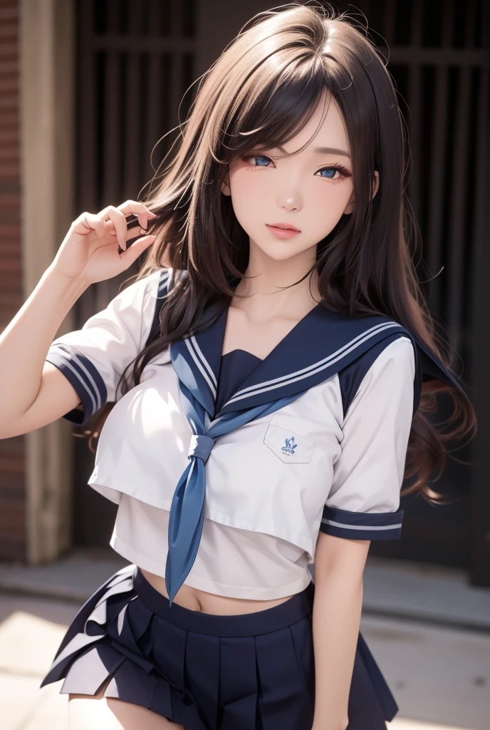 (8k, RAW photo, photorealistic:1.25) ,( lipgloss, eyelashes, gloss-face, glossy skin, best quality, ultra highres, depth of field, chromatic aberration, caustics, Broad lighting, natural shading,Kpop idol) looking at viewer with a serene and goddess-like happiness, highschool classroom, sailor uniform, mini skirt