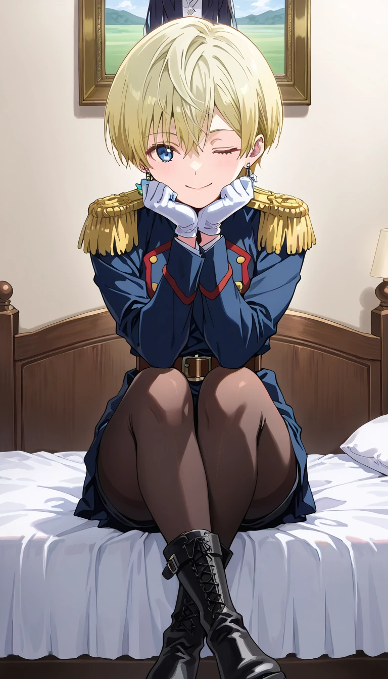 masterpiece、best quality、extremely detailed、8k、 high-resolution photo , masterpiece,  top quality、Hires .fix:1.4、 1 beautiful woman、It goes to Izumo, short hair, blue eyes, blonde hair,thighhighs, gloves, jewelry, earrings, boots, shorts, belt, uniform, military, military uniform,epaulettes,skirt, long sleeves, jewelry, pantyhose, earrings、 smiles、 bed、 crosses legs、Hands on knees、one eye closed、Place chin on hand