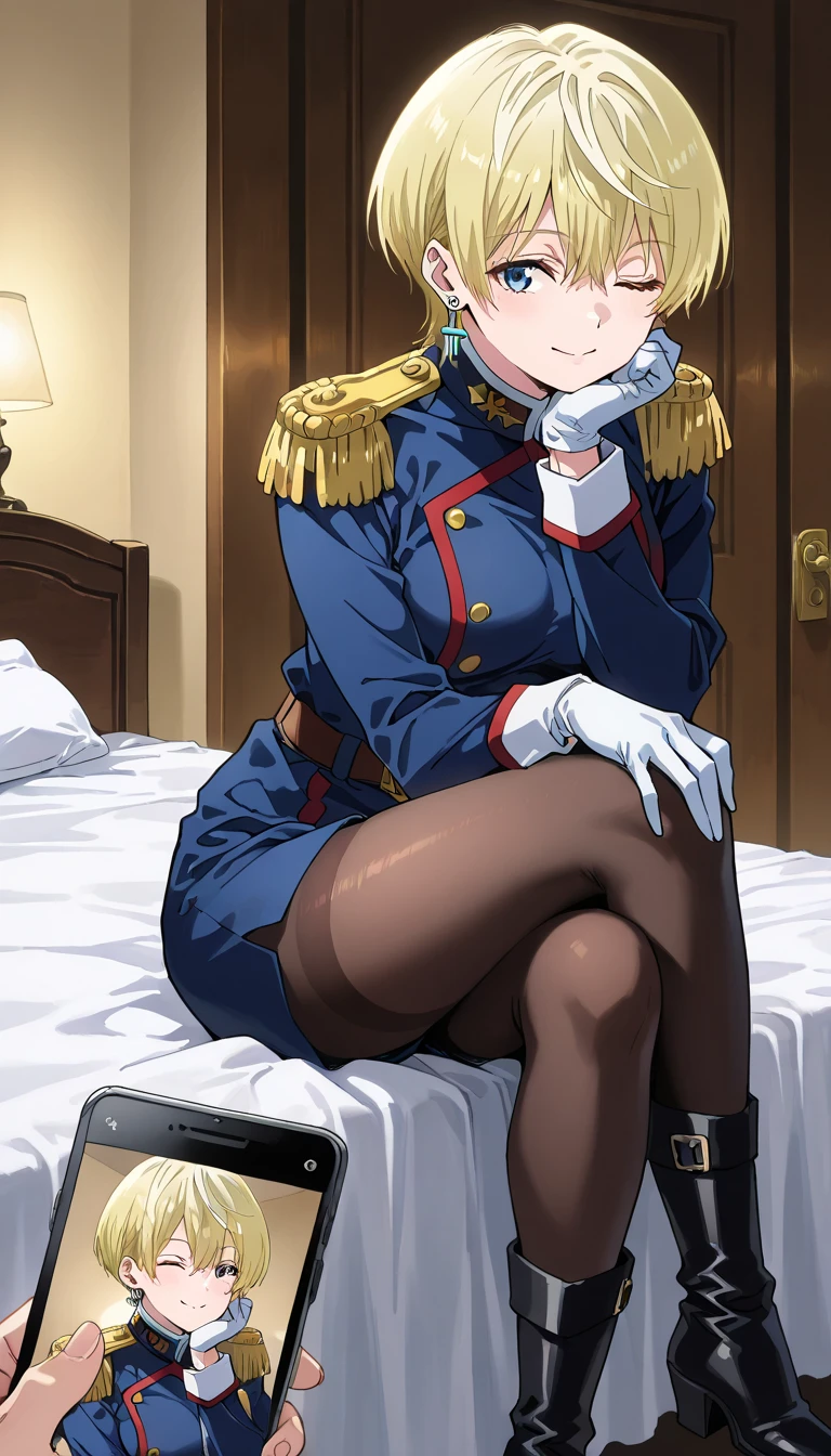 masterpiece、best quality、extremely detailed、8k、 high-resolution photo , masterpiece,  top quality、Hires .fix:1.4、 1 beautiful woman、It goes to Izumo, short hair, blue eyes, blonde hair,thighhighs, gloves, jewelry, earrings, boots, shorts, belt, uniform, military, military uniform,epaulettes,skirt, long sleeves, jewelry, pantyhose, earrings、 smiles、 bed、 crosses legs、Hands on knees、one eye closed、Place chin on hand