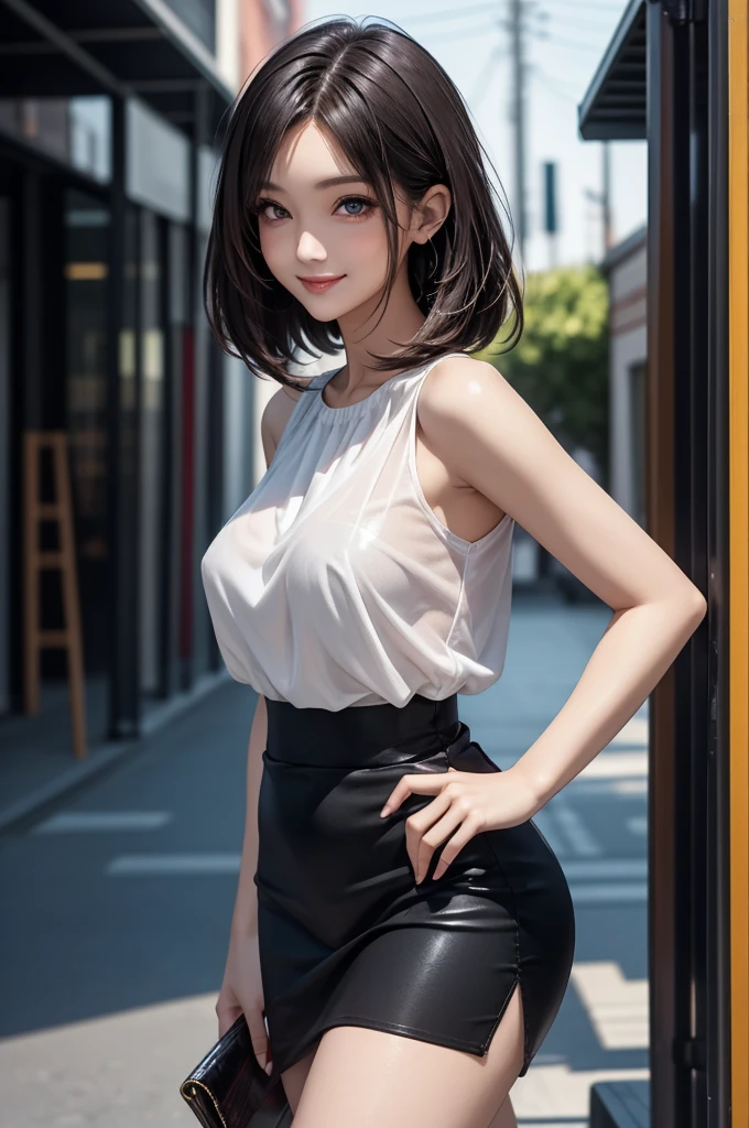 ​masterpiece、top-quality)、1 beutiful girl、Slim body、(Black and white plain clothes:1.1)、(Detailed beautiful eyes)、Inside the store、((Brown shorthair))、((smaller face))、tall、((Light brown eyes))、((Korean Girl))、((cool lady))、((Wild look))、((Korean Makeup))、((elongated and sharp eyes))、((Dating))、((Keep an eye on your audience))、((boyish))