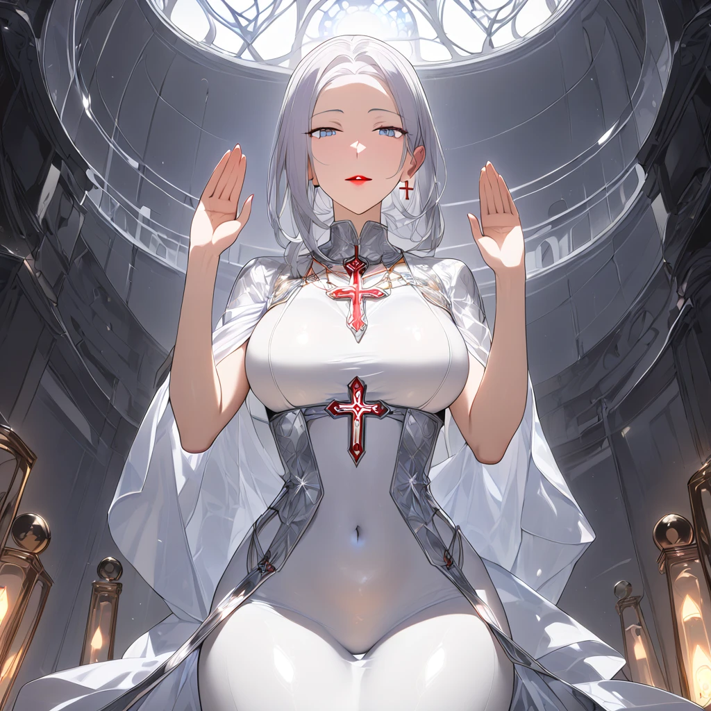 score_9, score_8_up, masterpiece, best quality, 8k uhd, (waist-length silver hair with bangs:1.4), (blue-silver eyes:1.3), (red lips:1.2), (blushing face:1.3), (holy maiden outfit:1.4), (form-fitting dress:1.3), (exposed navel:1.2), (hourglass figure:1.3), (medium breasts:1.2), (wide hips:1.3), (smooth body:1.2), (full body with feet visible:1.3), (prayer pose with clasped hands:1.3), (cross earrings:1.2), (cross necklace:1.2), divine lighting, intricate details