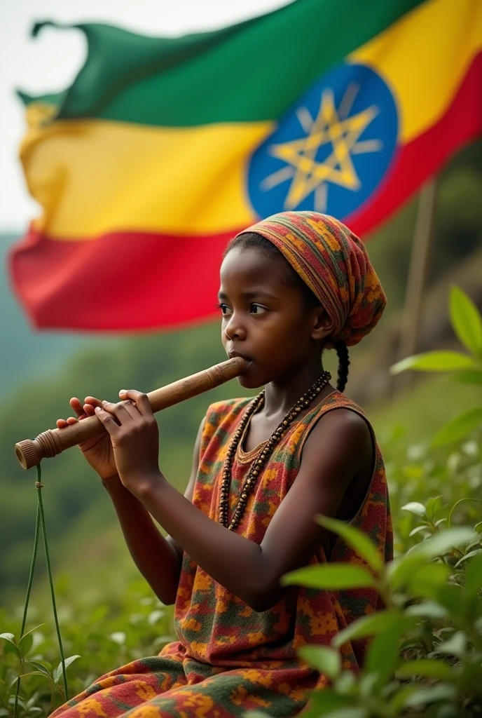 An tigrayn boy playing an ethiopian flute ,he is looking sad and super hero at the same time  and make it at dark place and his age is 20 , he wares like super heros clothe that indicate that he is tigrayan people and he is playing it and he have tears falling down his, and  face keep this picture make the closes tigrayn flag 
 