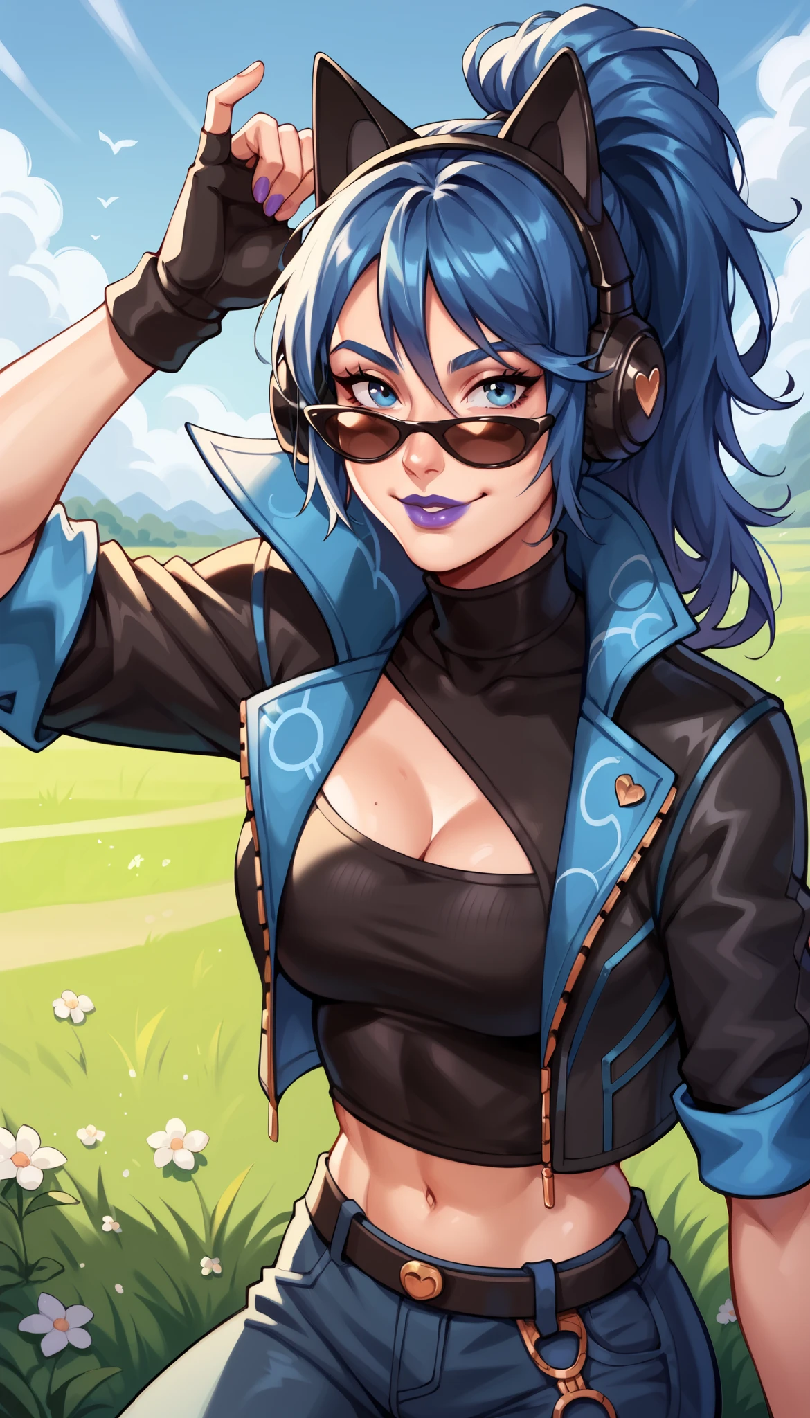 BREAK,  FNHeroHop, blue hair, cat ear headphones, ponytail, blue eyes, purple lips, sunglasses, open collared jacket, clothing cutout, short sleeves, black turtleneck, midriff, fingerless gloves, grass, seductive smile, looking at viewer,  breasts, 1 girl, solo,