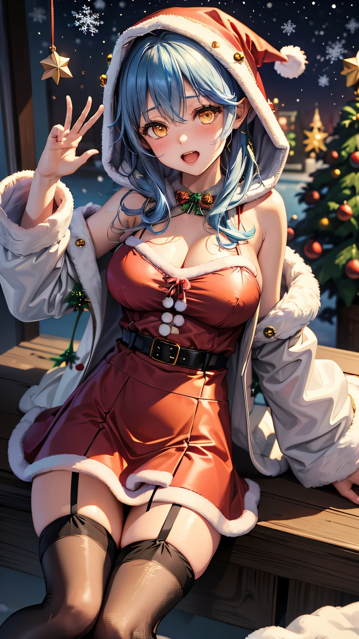 (highest quality)), ((masterpiece)), (Familiar), Perfect Face,Shiny skin,Beautiful breasts、Shiny skin、(((Santa  dress、mini skirt、garter、fish net tights、hoodie、fur jacket、)))、oil skin、Sweat、Off the shoulder、Double teeth 、Big Breasts、Embrace、winter、close、near、(((night)))、shooting STAR、candle、(((yukihana lamy (Hololive). )))、(((Christmas)))