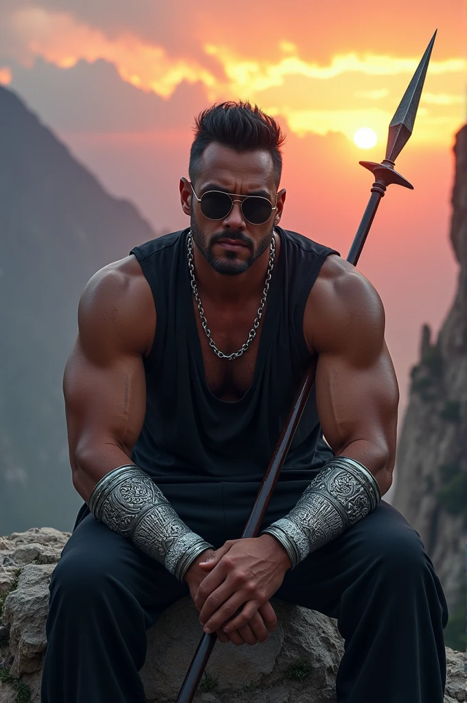 Handsome strong muscular tall man wearing a black sleeveless shirt with mariachi decorations, black huaraches, black bermuda shorts decorated with golden roses, sunglasses on his head, skull earring and hair combed back 