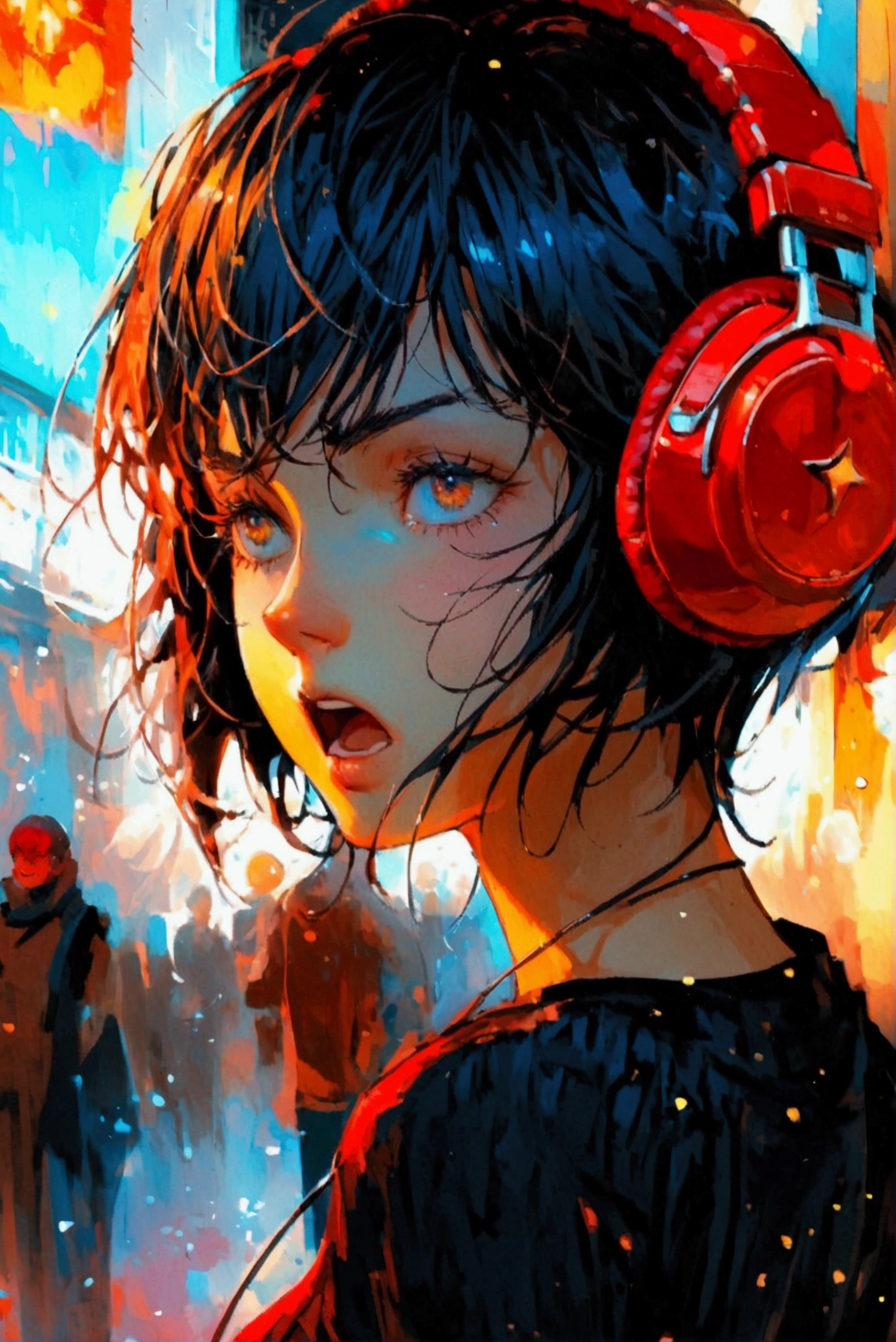  black t-shirt ,  red headphones,  cool expression , Short Hair