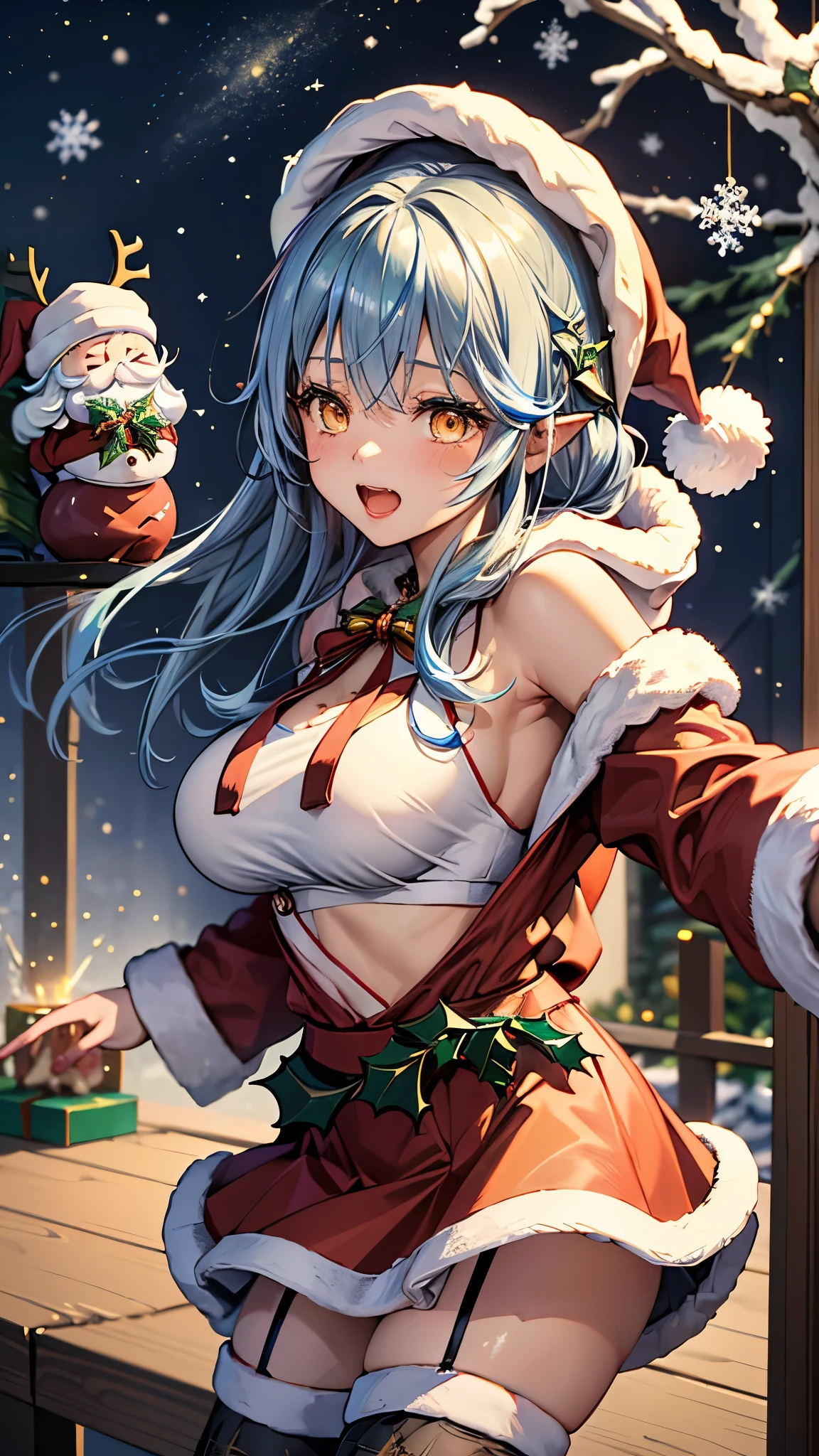 (highest quality)), ((masterpiece)), (Familiar), Perfect Face,Shiny skin,Beautiful breasts、Shiny skin、(((Santa  dress、mini skirt、garter、fish net tights、hoodie、fur jacket、)))、oil skin、Sweat、Off the shoulder、Double teeth 、Big Breasts、Embrace、winter、close、near、(((night)))、shooting STAR、candle、(((yukihana lamy (Hololive). )))、(((Christmas)))