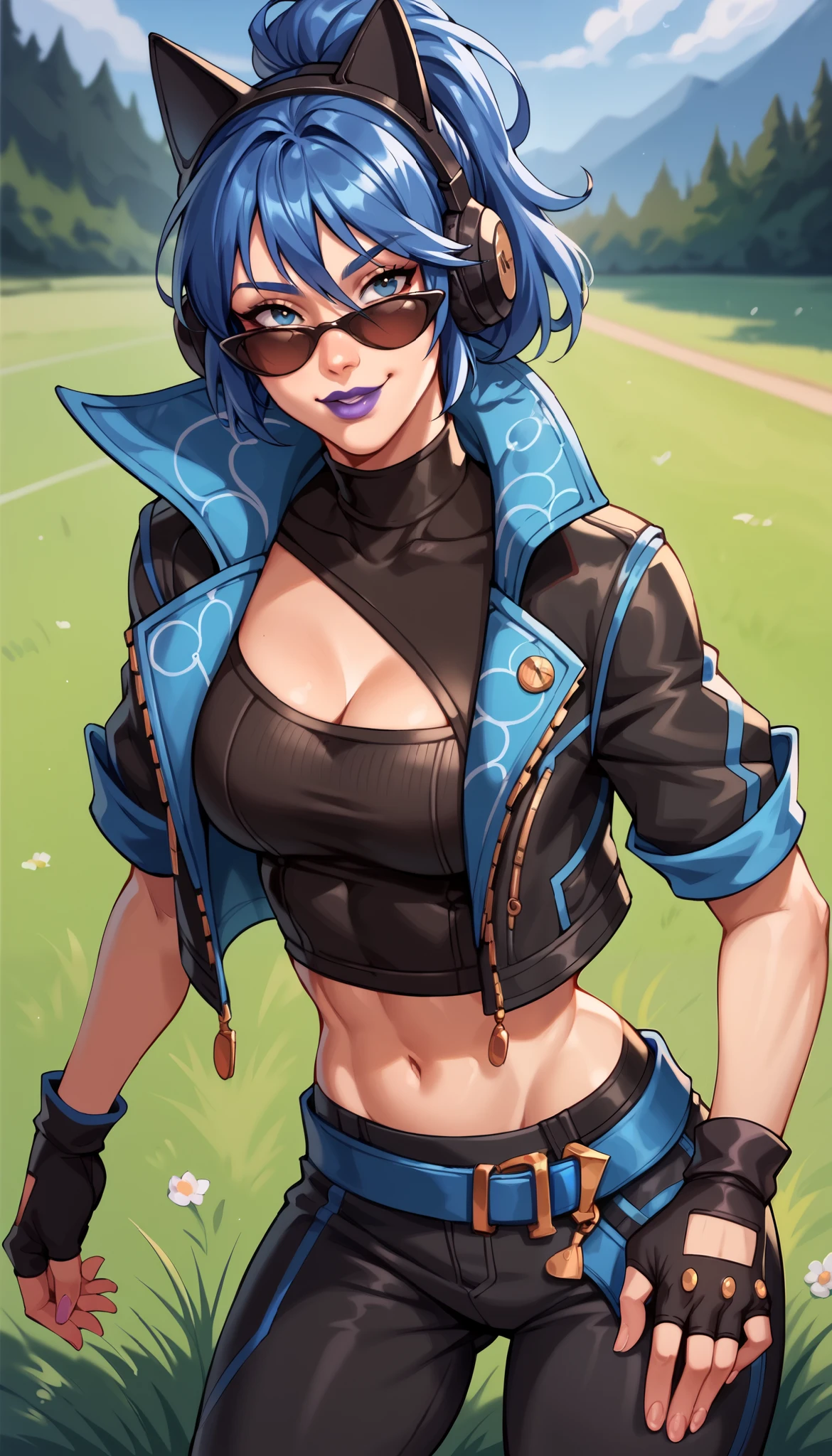 BREAK,  FNHeroHop, blue hair, cat ear headphones, ponytail, blue eyes, purple lips, sunglasses, open collared jacket, clothing cutout, short sleeves, black turtleneck, midriff, fingerless gloves, grass, seductive smile, looking at viewer,  breasts, 1 girl, solo,