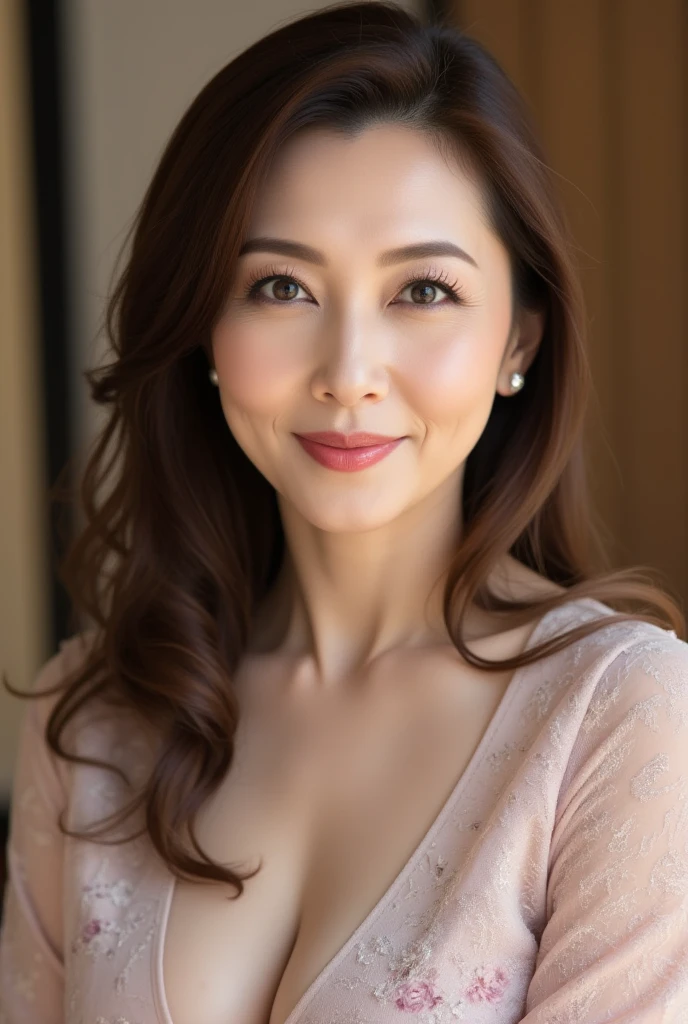 Mature Woman, ( detailed description of hair ), (Detailed description of the face), (Detailed description of the body), high definition , masterpiece,  top quality,  high detail, formal: 1.4), ( realistic : 1.2, 超 realistic な: 1.1,  realistic: 1.37), ( Sharp Focus : 1.4),  is written by,  physical based rendering,  wavy hair , ,  unrivaled beauty , (Ultimate beauty), (lipstick:1.1), ( eyeliner :1.2), ( mascara), ( Eye Shadow ), (48 years old,: 1.4), Japanese、 close-up 、 fine lines of laughter :1.2、seductive smile,( kimono:1.2),beautiful background