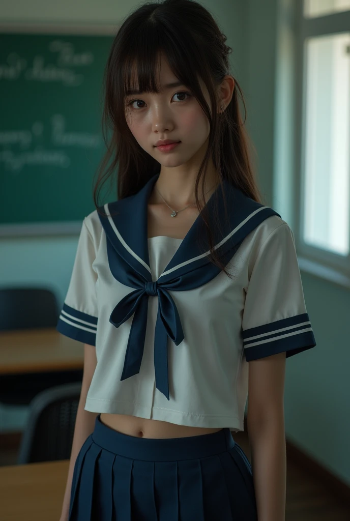(Highest quality:1.4),(masterpiece:1.4),(Realistic:1.4),(Realistic:1.2),(超High resolution, RAW Photos:1.4),(High resolution, Very detailed:1.2),(8k:1.2),photograph,a photo of a dark-haired,One Girl,alone,,nipple,naked,((school uniform, Sailor suit,, Fine ribbon and pleated skirt)),((Big Breasts)),((Upper Body:1.3))