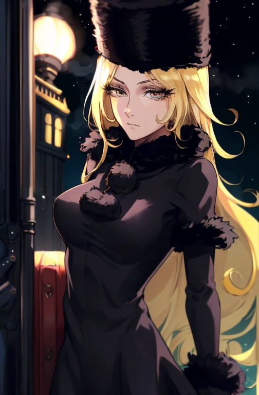 In 8K,(​masterpiece:1.4),( top quality:1.4),( top quality), With a girl,I、Previous phone number, Length Hair, Blonde,   yellow eyes, long eyelashes、 fur trim, Black Hat, dress, luggage, Steam locomotive, night, Intergalactic,  front,  solo focus,( shiny skin), Melancholic expression 