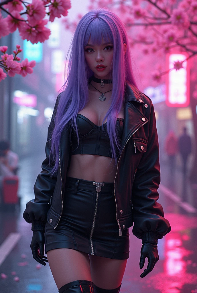 beautyfull slender woman, tall woman, lilac details, sidecut big lilac hair, long hair, black lipstick, black jacket, purple bra, black pants, punk woman, adult woman, serios face, city background