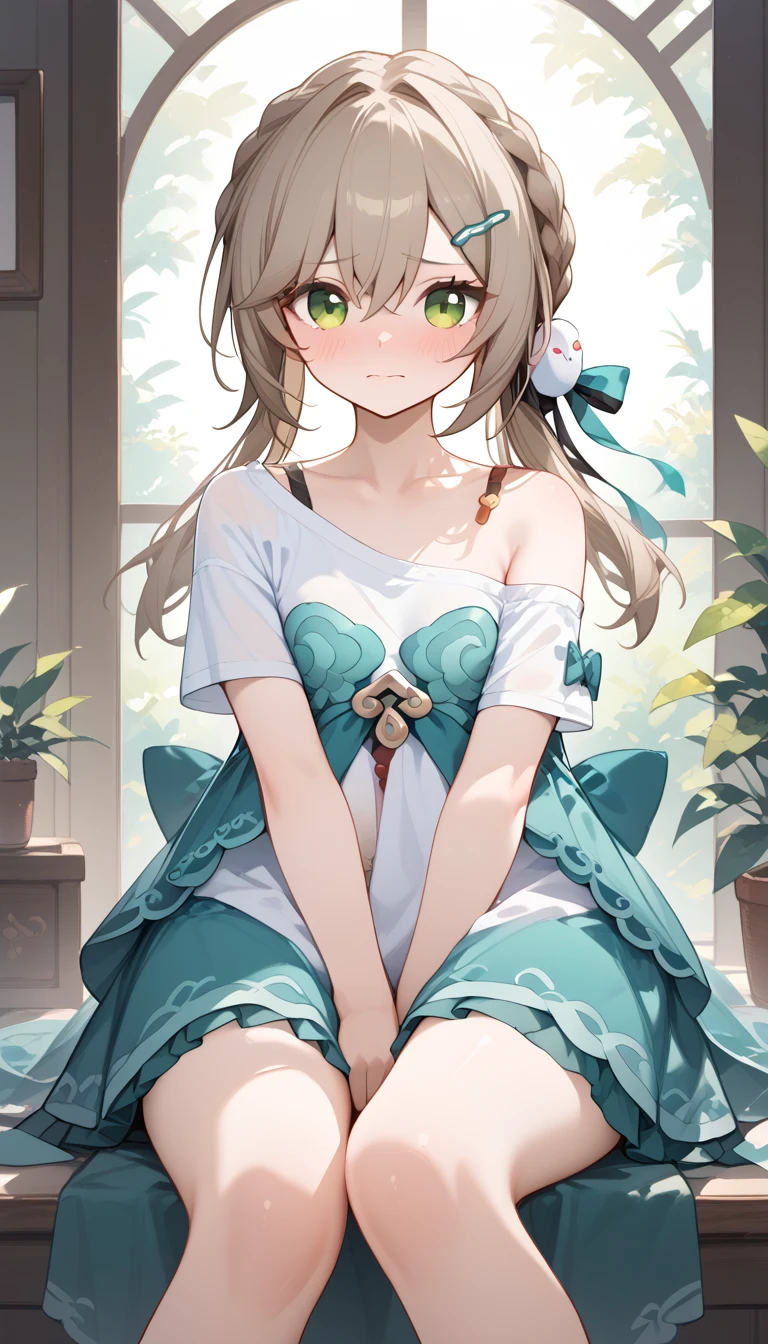 small breasts, brown hair, green eyes, braid, low twintails, hair ornament, hairpin, qingque,　Alone,  eyebrow visible from inside hair ,  hair between eyes　 top quality, very aesthetic, Tube Top　 white t-shirt 　oversized clothes　you work you lose, clothes writing　bottomless　Embarrassed　blush　 hotel 