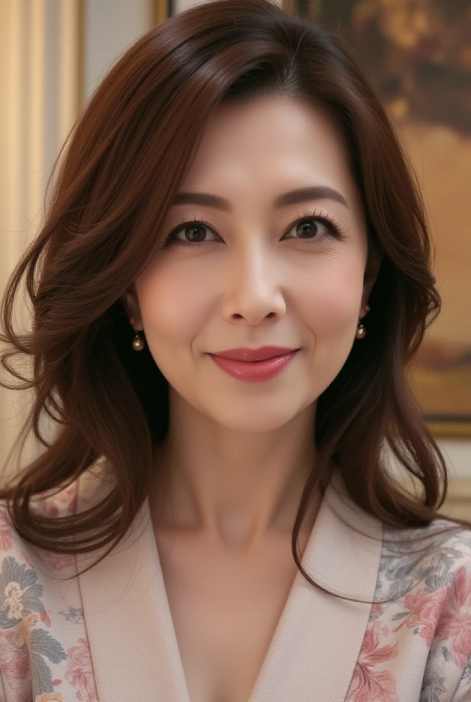 Mature Woman, ( detailed description of hair ), (Detailed description of the face), (Detailed description of the body), high definition , masterpiece,  top quality,  high detail, formal: 1.4), ( realistic : 1.2, 超 realistic な: 1.1,  realistic: 1.37), ( Sharp Focus : 1.4),  is written by,  physical based rendering,  wavy hair , ,  unrivaled beauty , (Ultimate beauty), (lipstick:1.1), ( eyeliner :1.2), ( mascara), ( Eye Shadow ), (48 years old,: 1.4), Japanese、 close-up 、 fine lines of laughter :1.2、seductive smile,( kimono:1.5),beautiful background