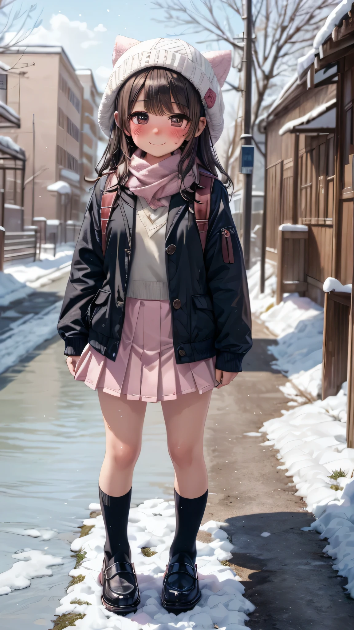 ((masterpiece, sidelighting, finely detailed beautiful eyes: 1.2)), (anatomically collect:1.3), Extremely cute, (extremely detailed beautiful face), (Authentic skin texture:1.4), (outdoor, winter, snowy landscape, park:1.2), (1  girl:1.8), (Loli:1.8), (small stature, petite body:1.8), (flat chest), (short black hair), (duffel coat, woolen scarf, Woolly hat:1.2), (socks, loafer:1.2), (blush cheek:1.4), (shy, happy), (face focus:1.2), standing, carrying randoseru backpack, (steam)